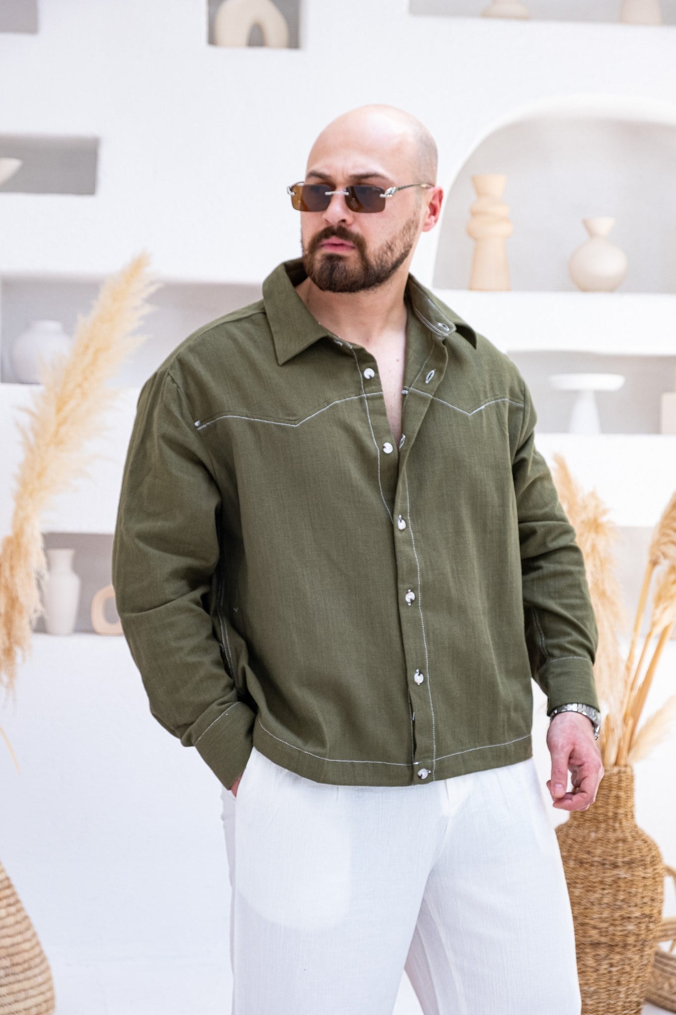 Box Fit Kontrast Nakışlı Keten Gömlek (GMY119)