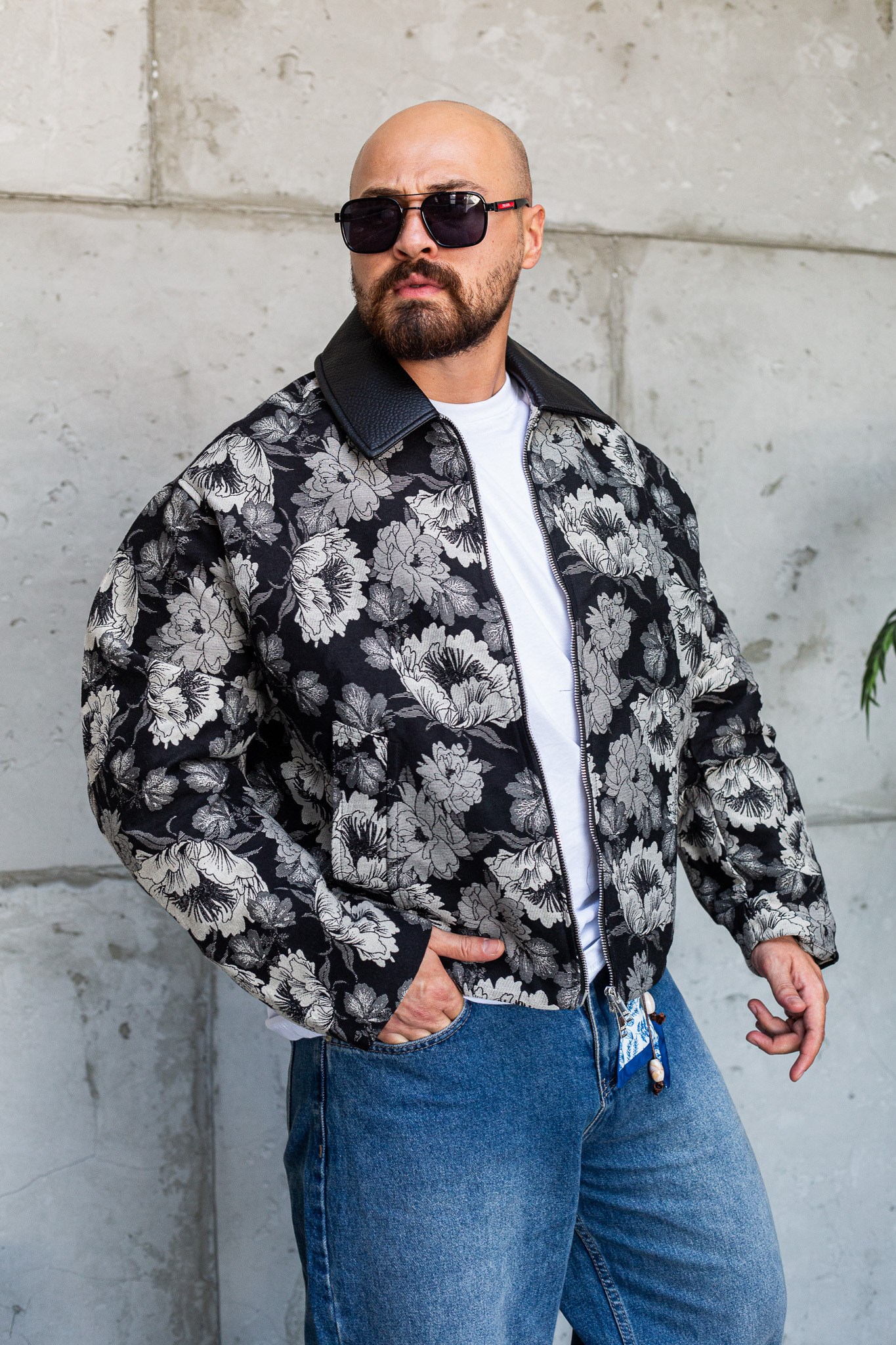 Deri Yaka Detaylı Floral Desenli Erkek Ceket(MEVS72)