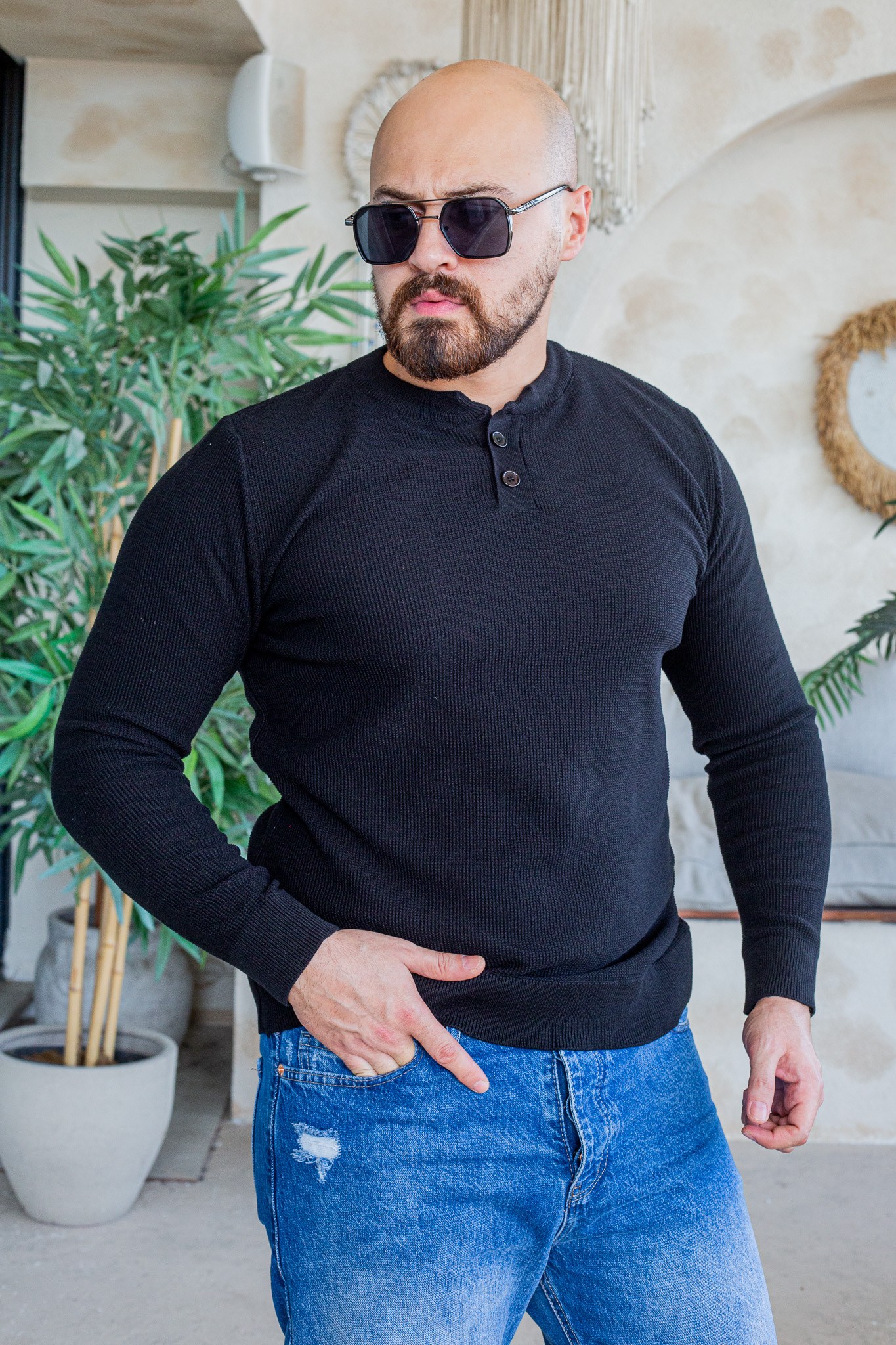 Düğme Detaylı Henley Yaka Erkek Triko Kazak (SVTS109)