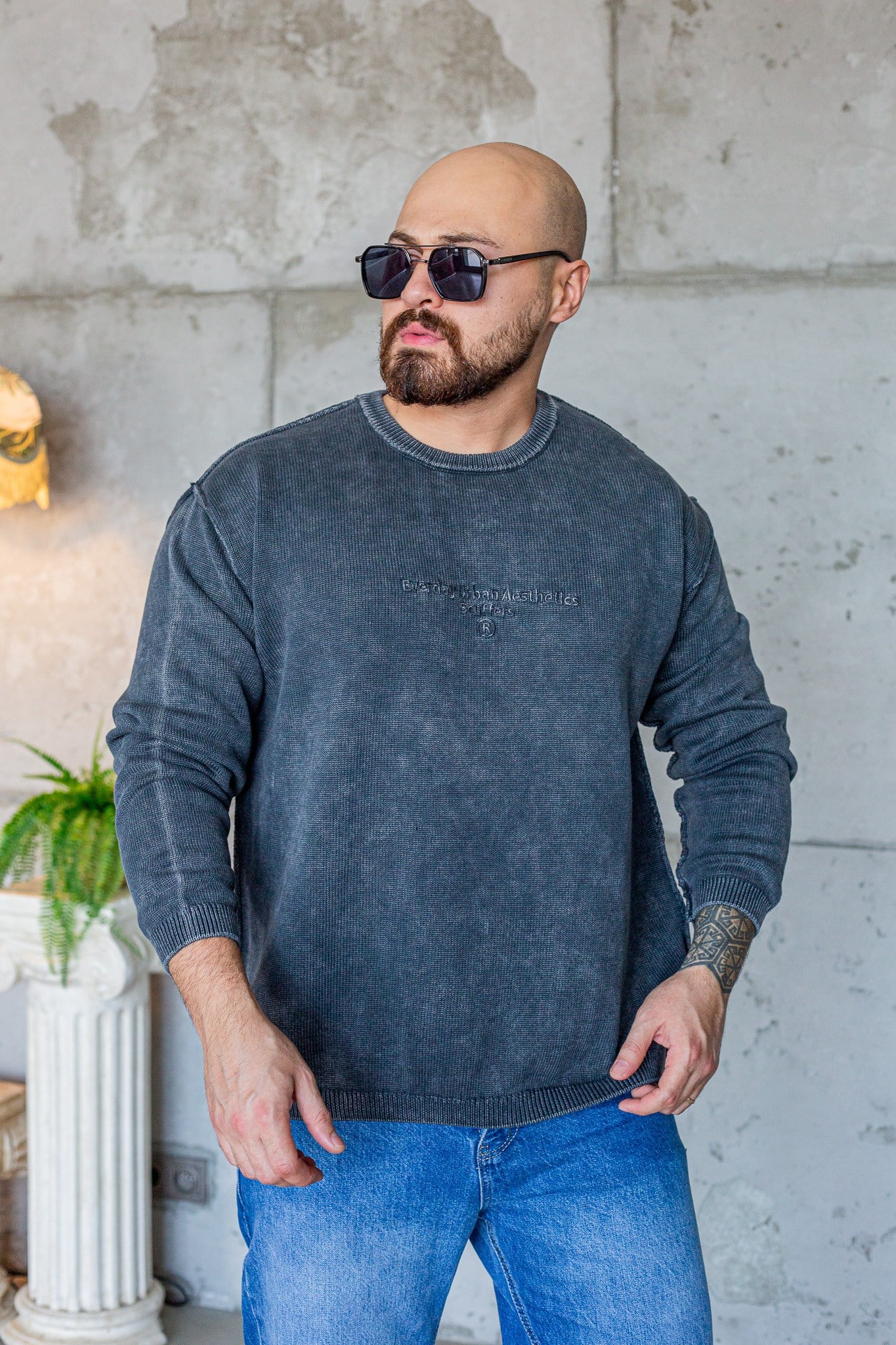 Düşük Omuzlu Dokulu Rahat Kesim Triko Sweatshirt (SVTS108)