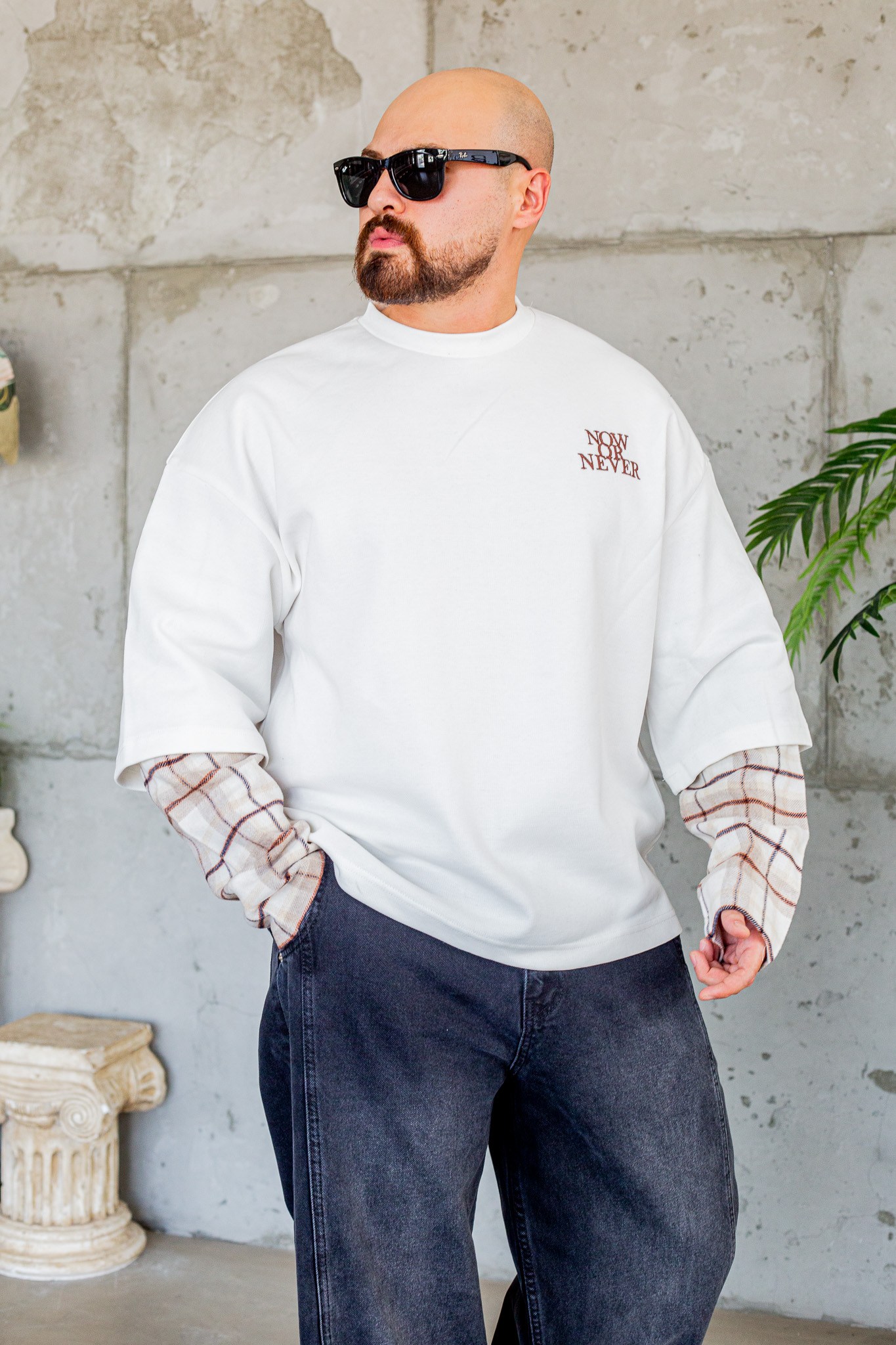 Ekose Kol Detaylı Sloganlı Rahat Kesim Sweatshirt (SVTB111)