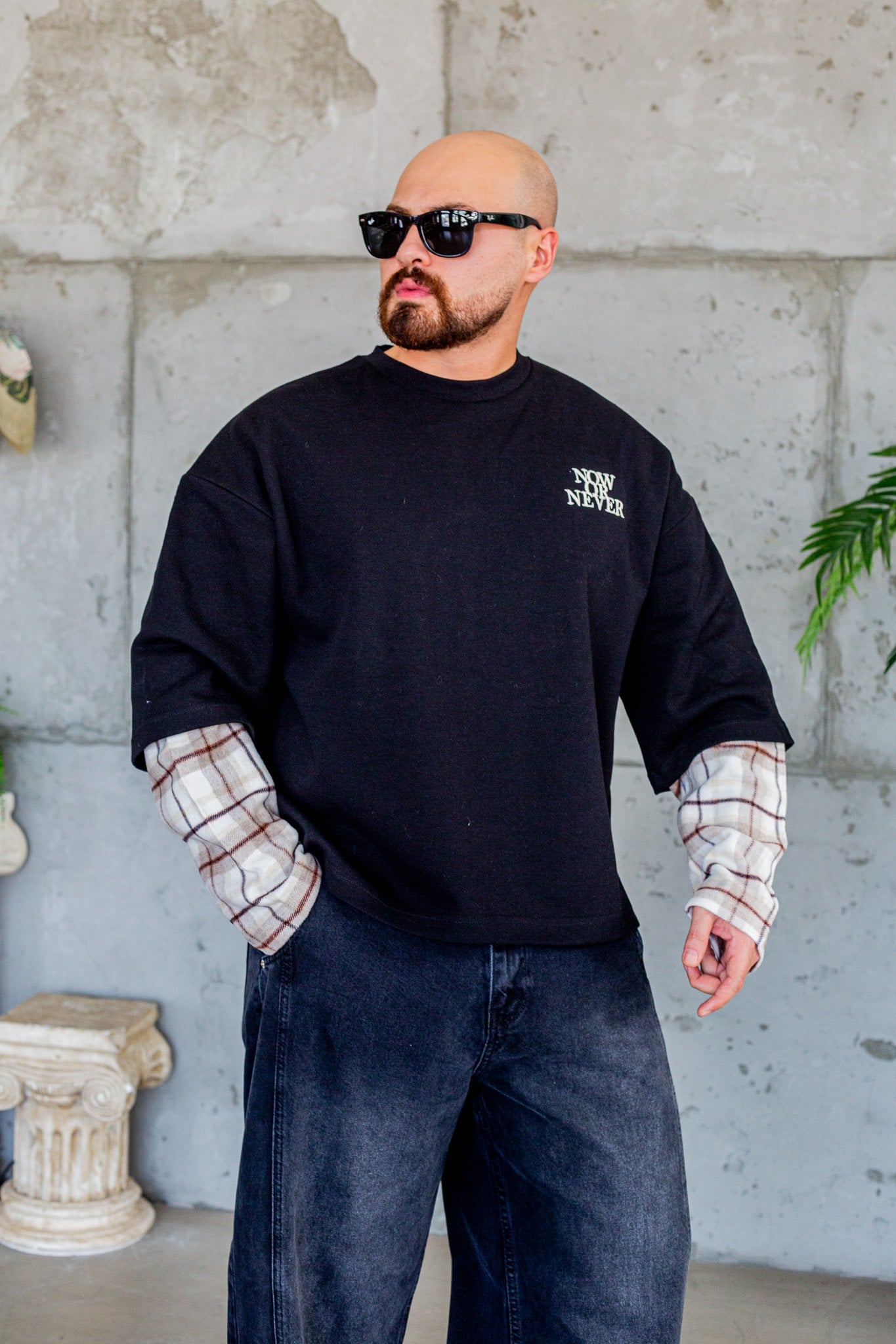 Ekose Kol Detaylı Sloganlı Rahat Kesim Sweatshirt (SVTS111)