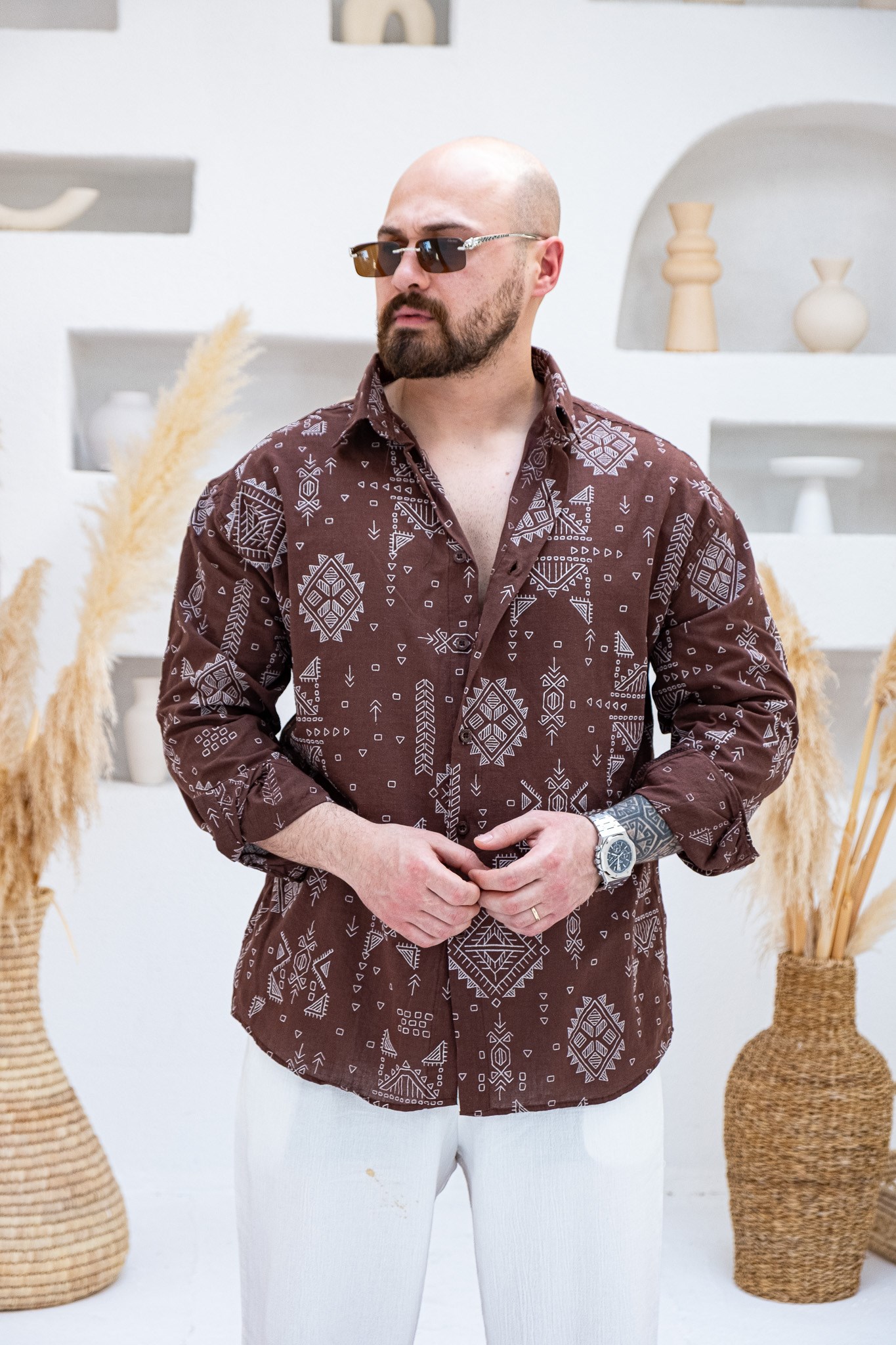 Etnik Desen Baskılı Rahat Kalıp Gömlek (GMKA118)