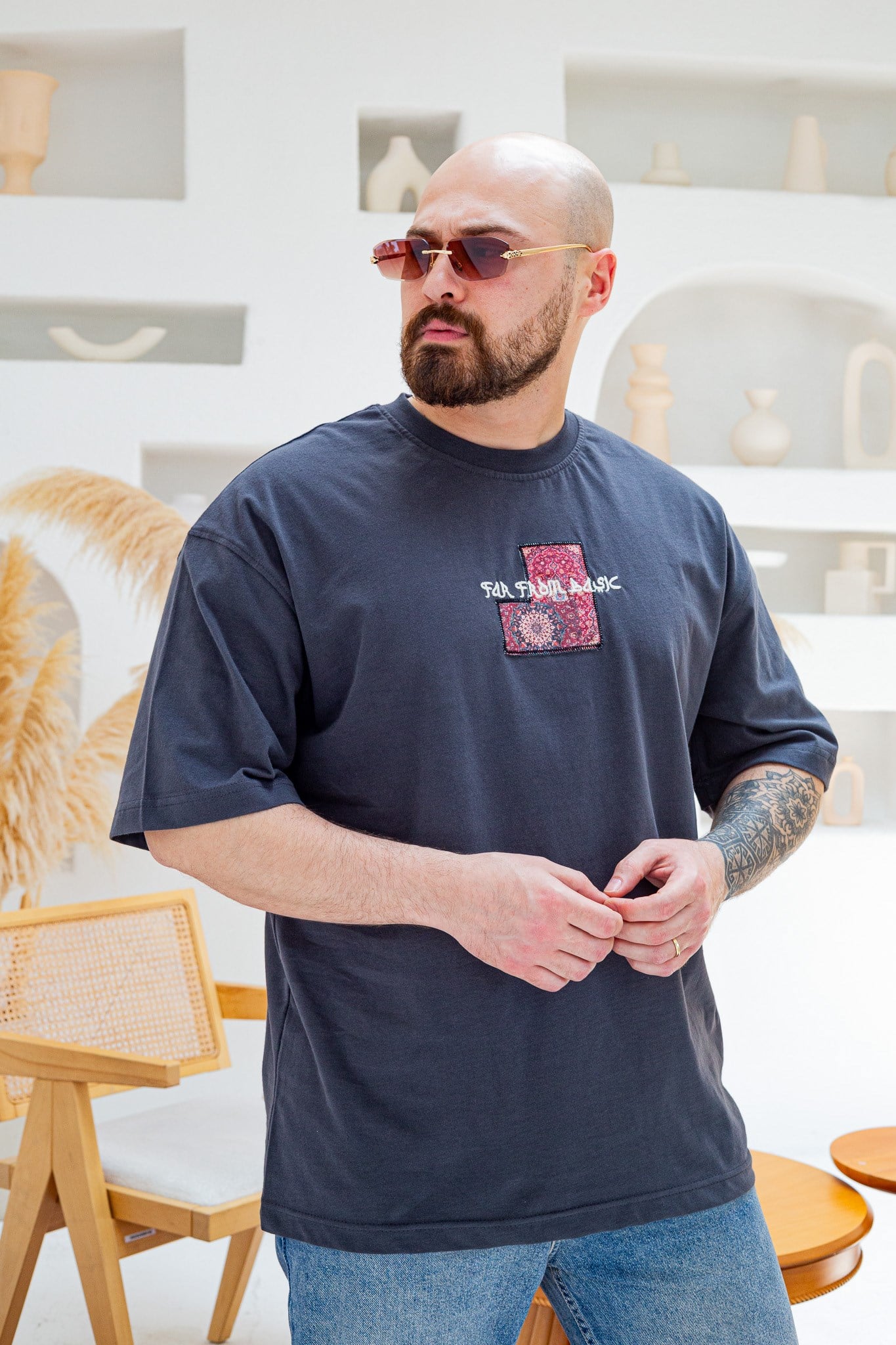 Far From Basic Halı Desen Yamalı Oversize Bisiklet Yaka T-Shirt (TSG85)