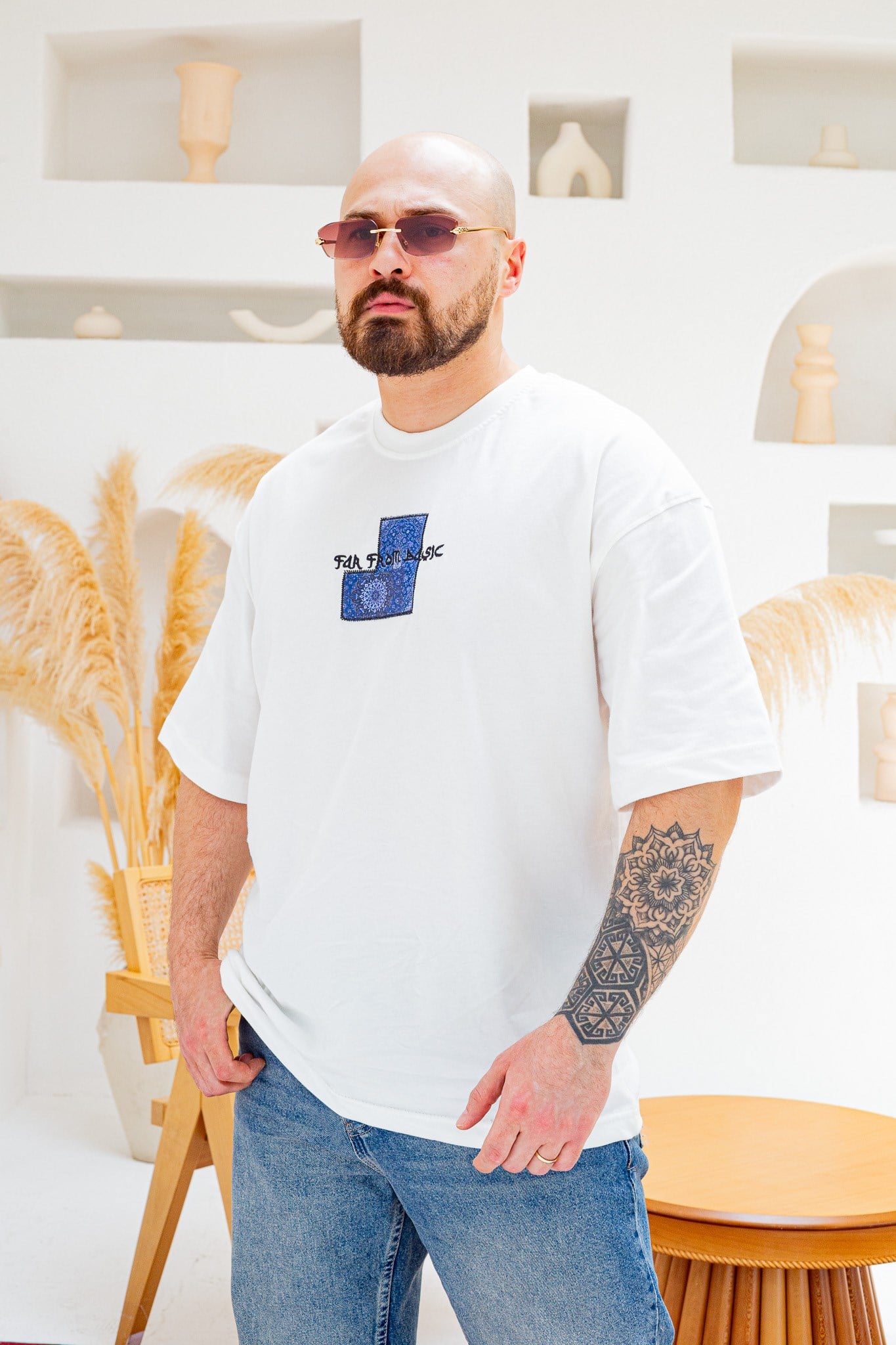 Far From Basic Halı Desen Yamalı Oversize Bisiklet Yaka T-Shirt (TSB85)