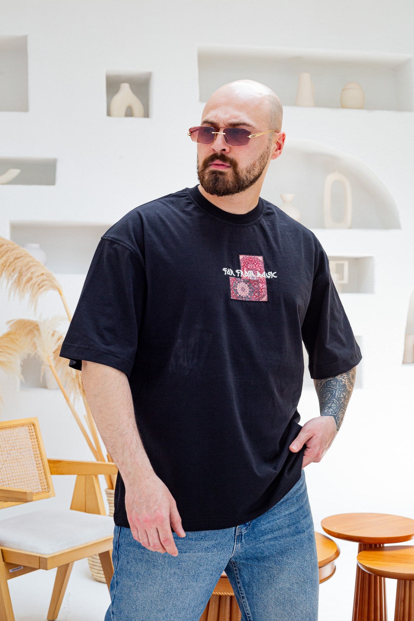 Far From Basic Halı Desen Yamalı Oversize Bisiklet Yaka T-Shirt (TSS85)