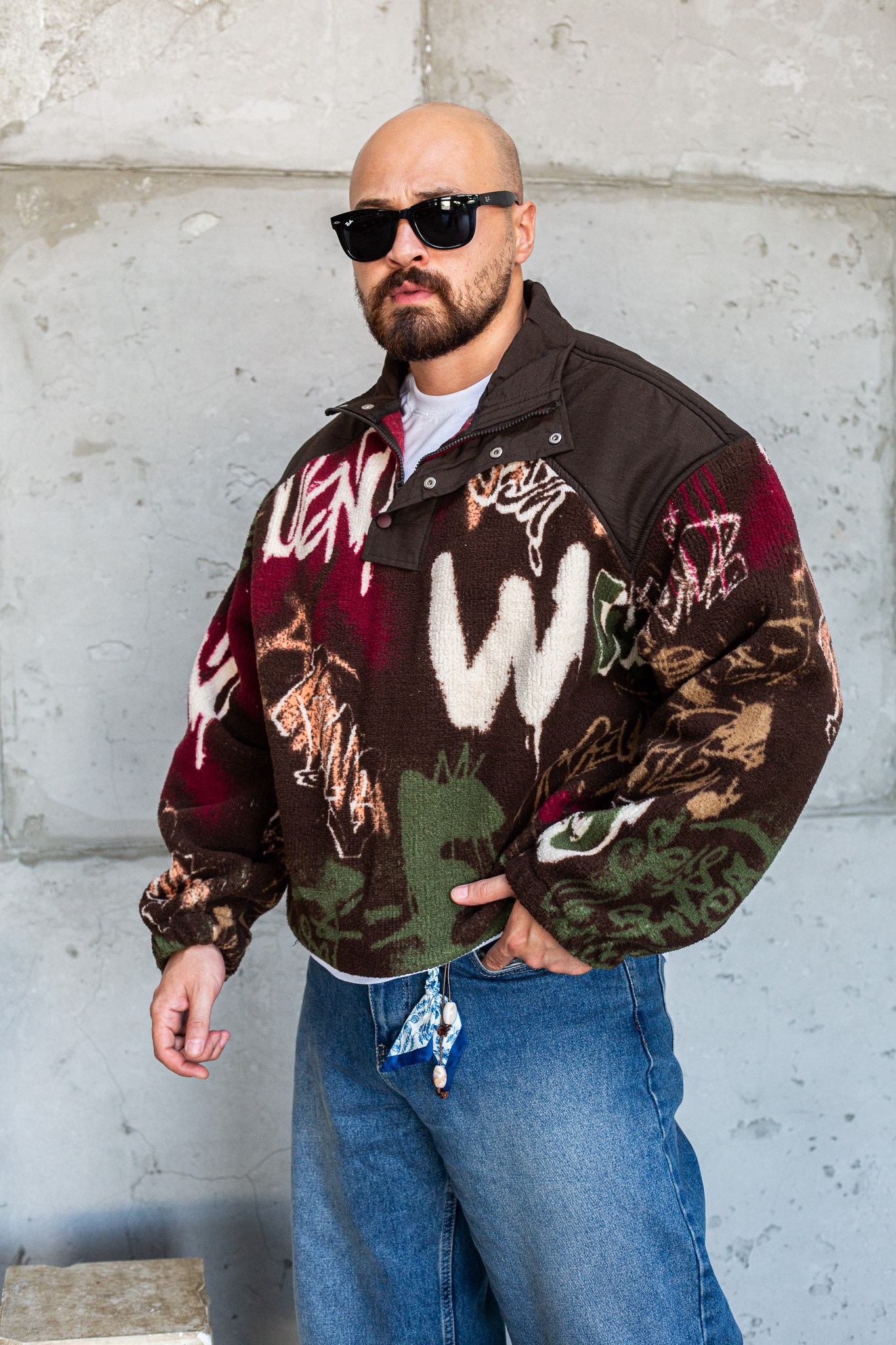 Grafiti Desenli Yarım Fermuarlı Erkek Peluş Sweatshirt (SVTKA99)