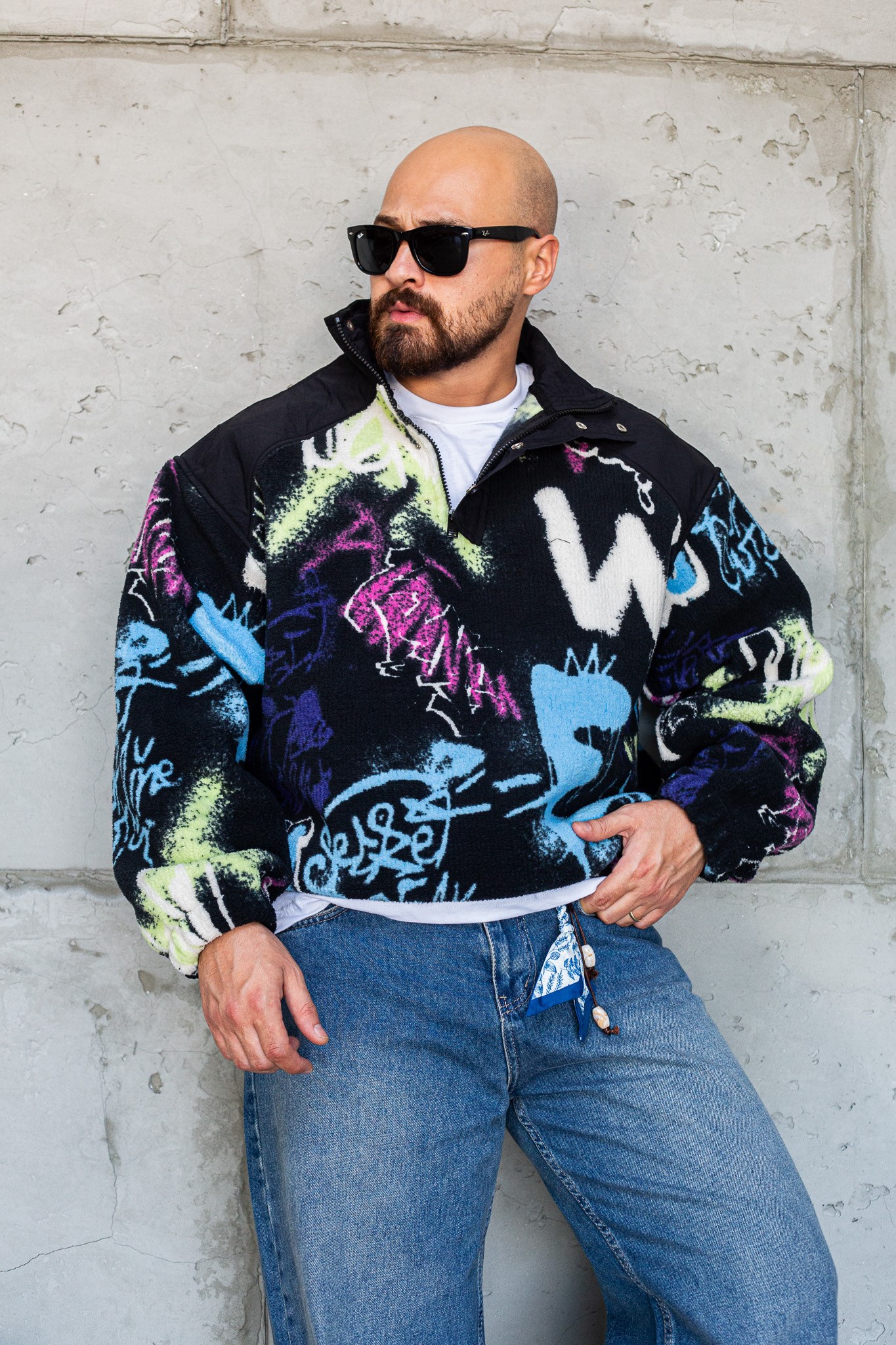 Grafiti Desenli Yarım Fermuarlı Erkek Peluş Sweatshirt (SVTS99)