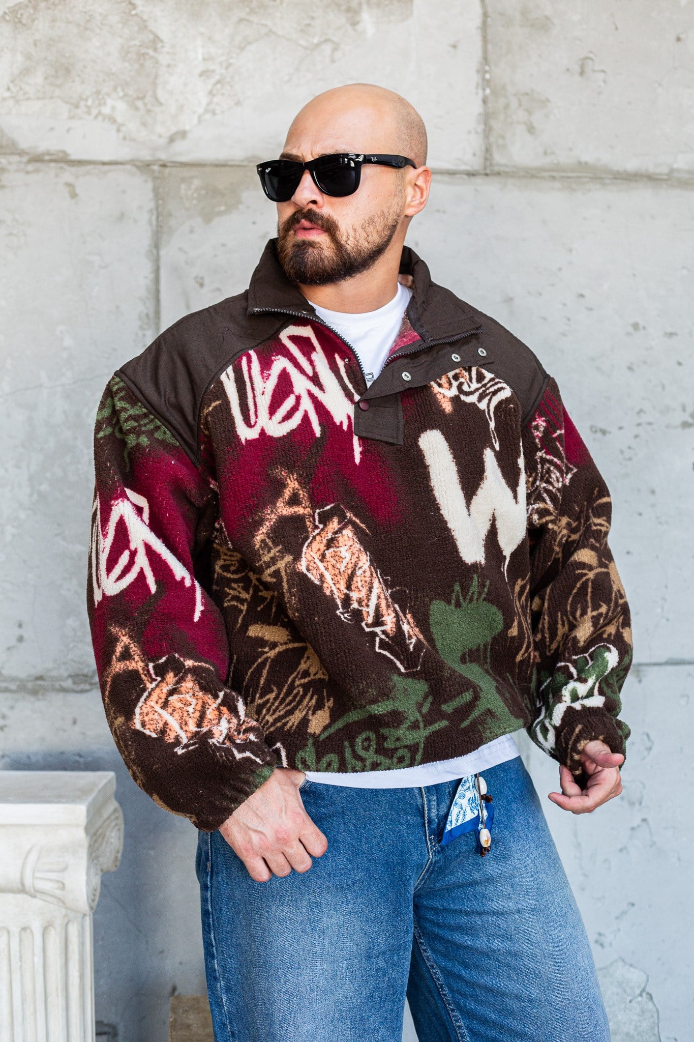 Grafiti Desenli Yarım Fermuarlı Erkek Peluş Sweatshirt (SVTKA99)