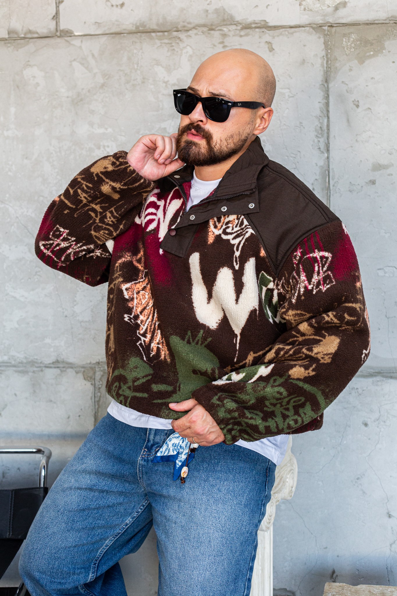 Grafiti Desenli Yarım Fermuarlı Erkek Peluş Sweatshirt (SVTKA99)