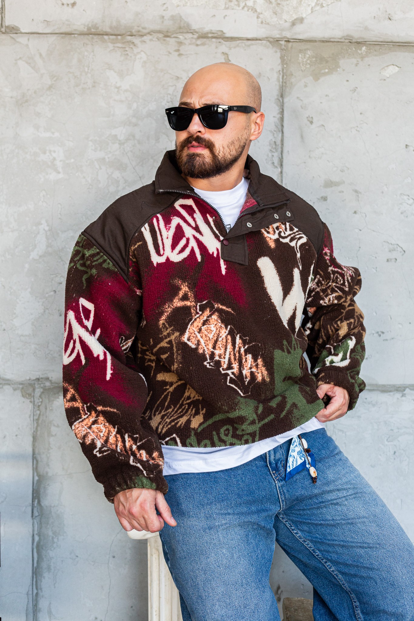 Grafiti Desenli Yarım Fermuarlı Erkek Peluş Sweatshirt (SVTKA99)