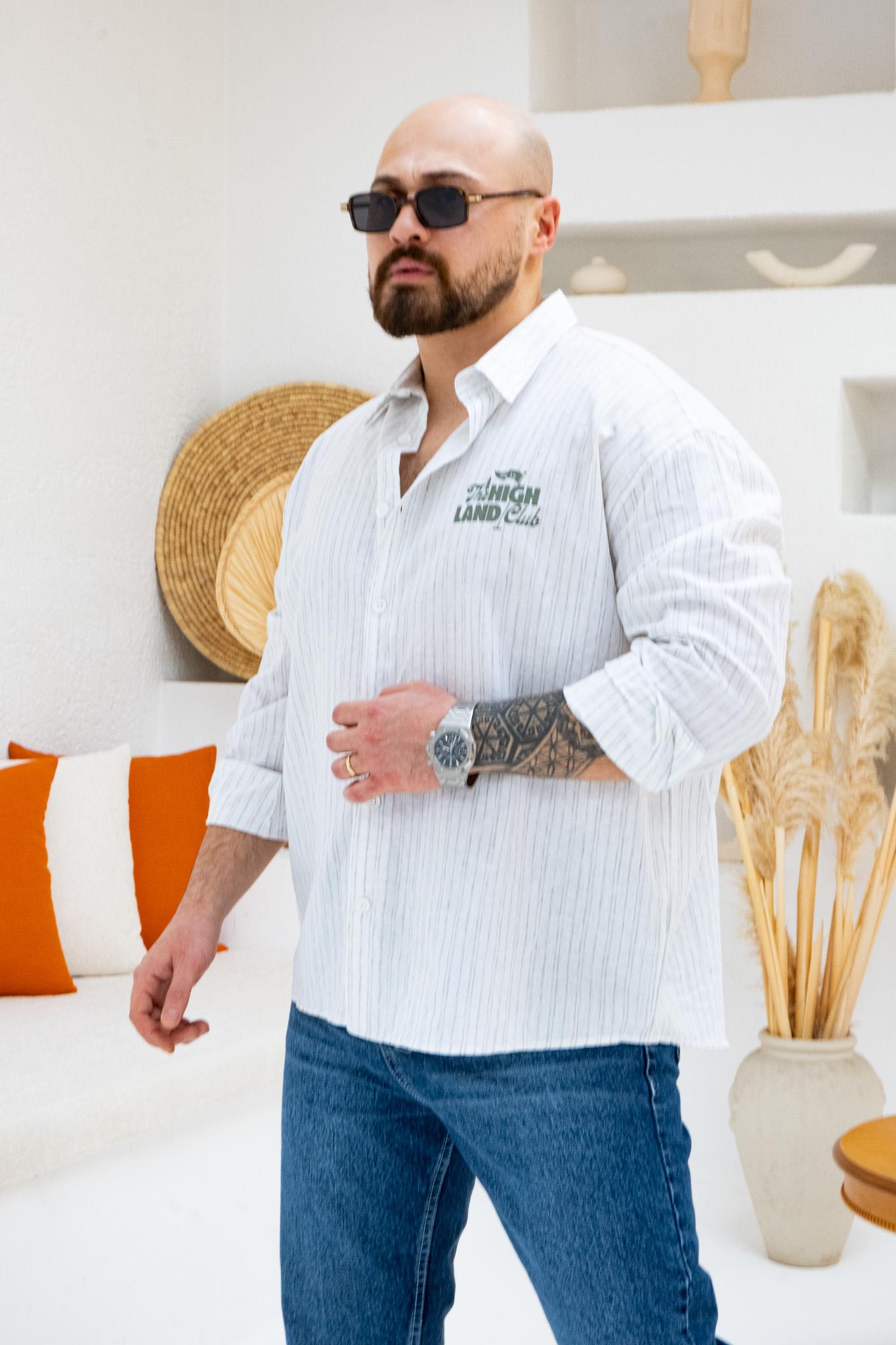 Haki Renk Göğüs ve Sırt Baskılı Çizgili Oversize Erkek Gömlek (GMH81)