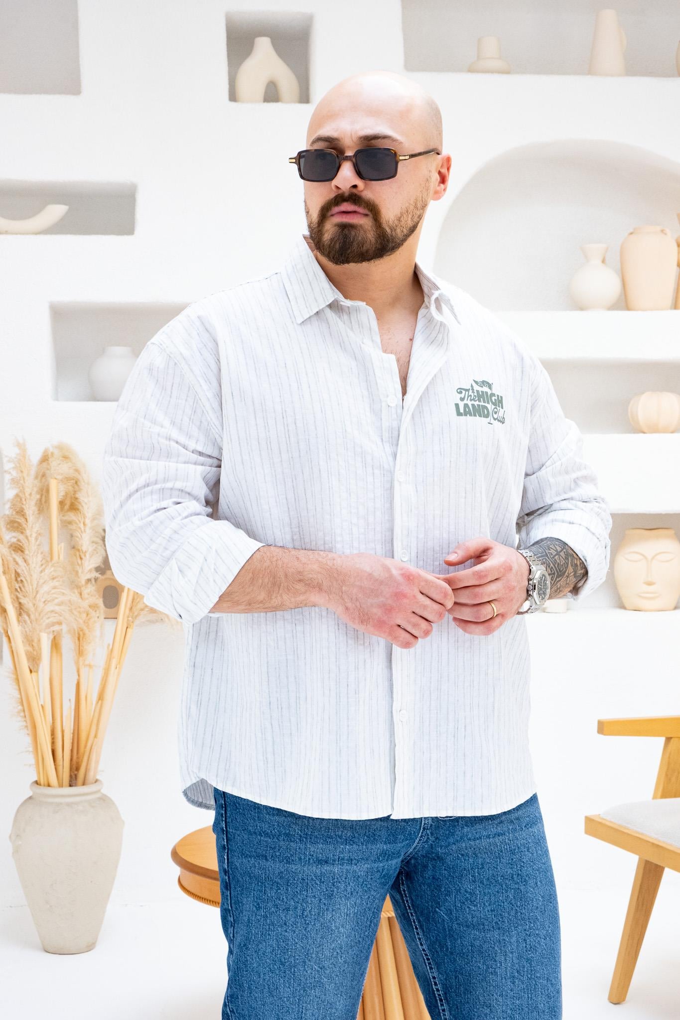 Haki Renk Göğüs ve Sırt Baskılı Çizgili Oversize Erkek Gömlek (GMH81)