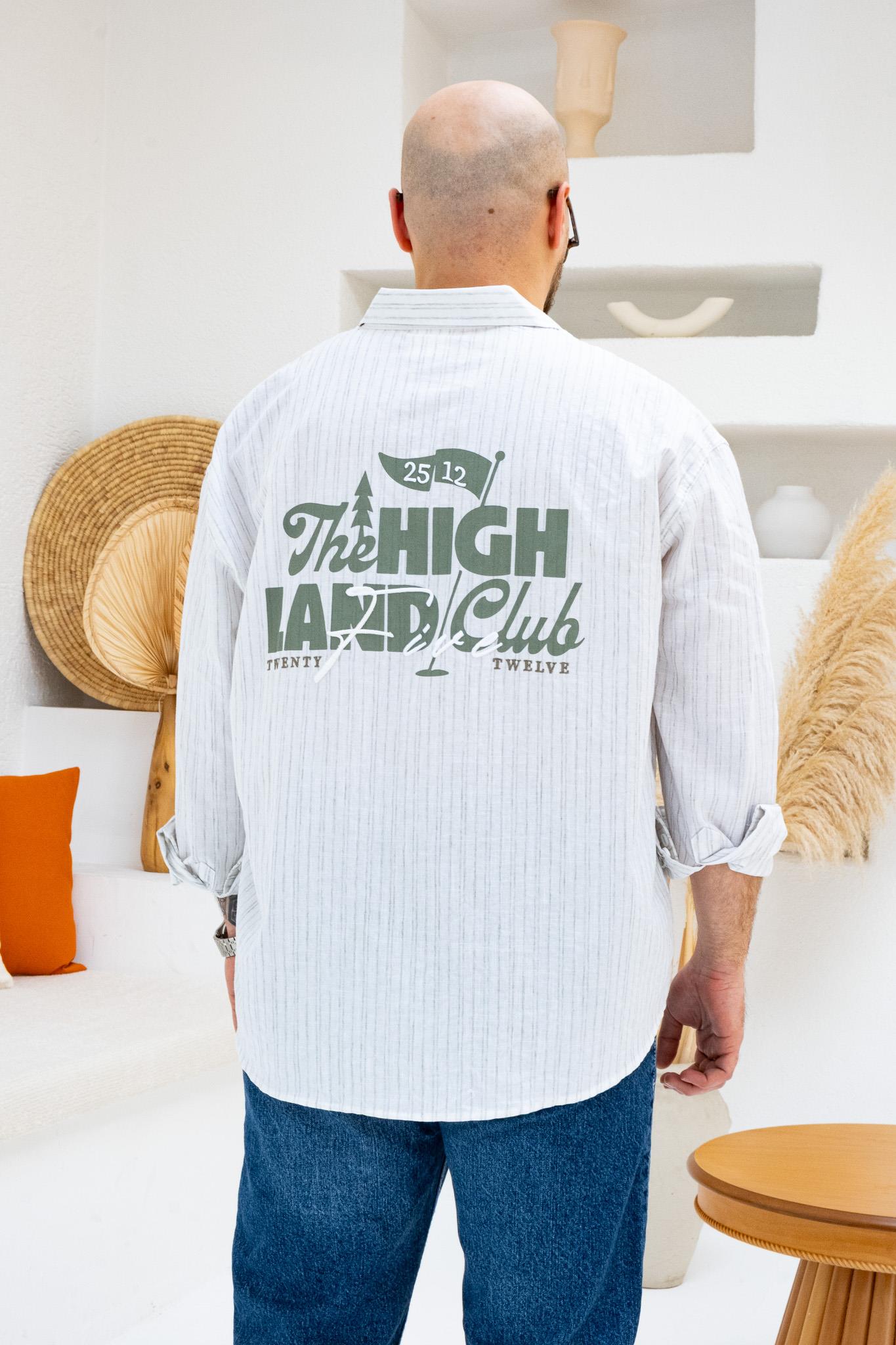 Haki Renk Göğüs ve Sırt Baskılı Çizgili Oversize Erkek Gömlek (GMH81)
