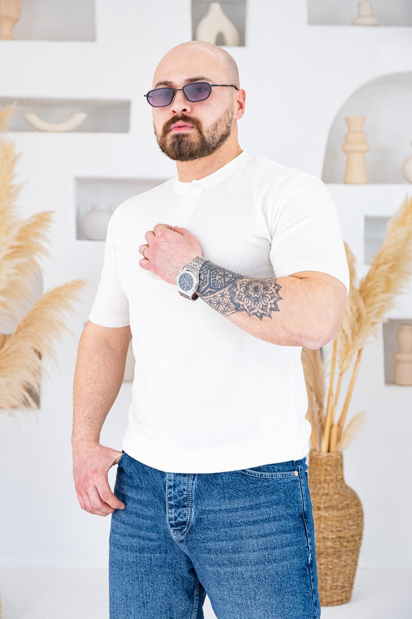 Henley Yaka İnce Örme Tasarım Triko T-shirt (TSB74)