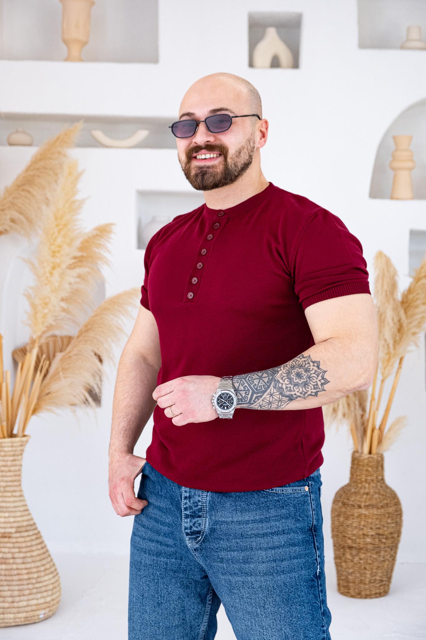 Henley Yaka İnce Örme Tasarım Triko T-shirt (TSBO74)