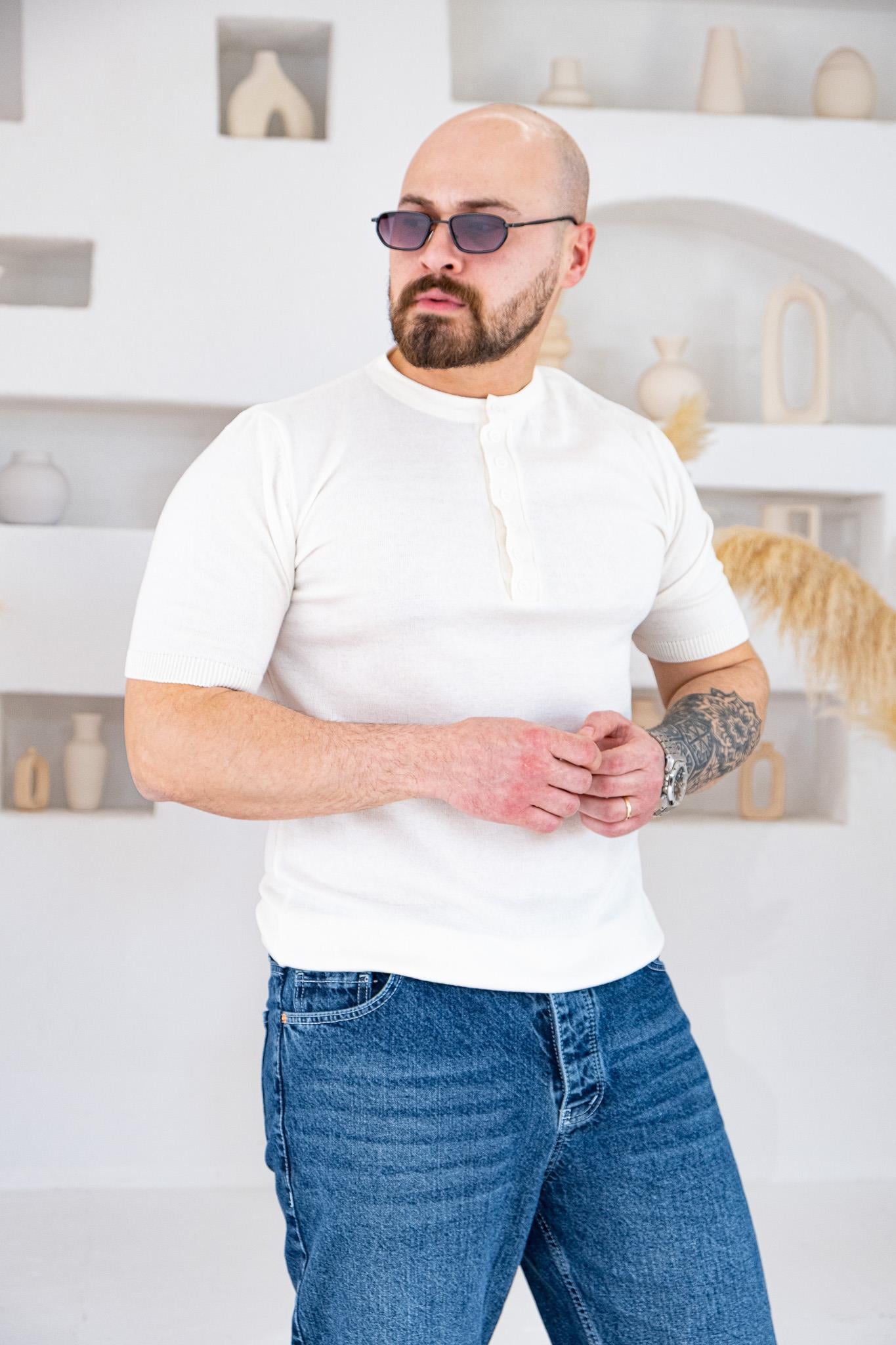 Henley Yaka İnce Örme Tasarım Triko T-shirt (TSB74)