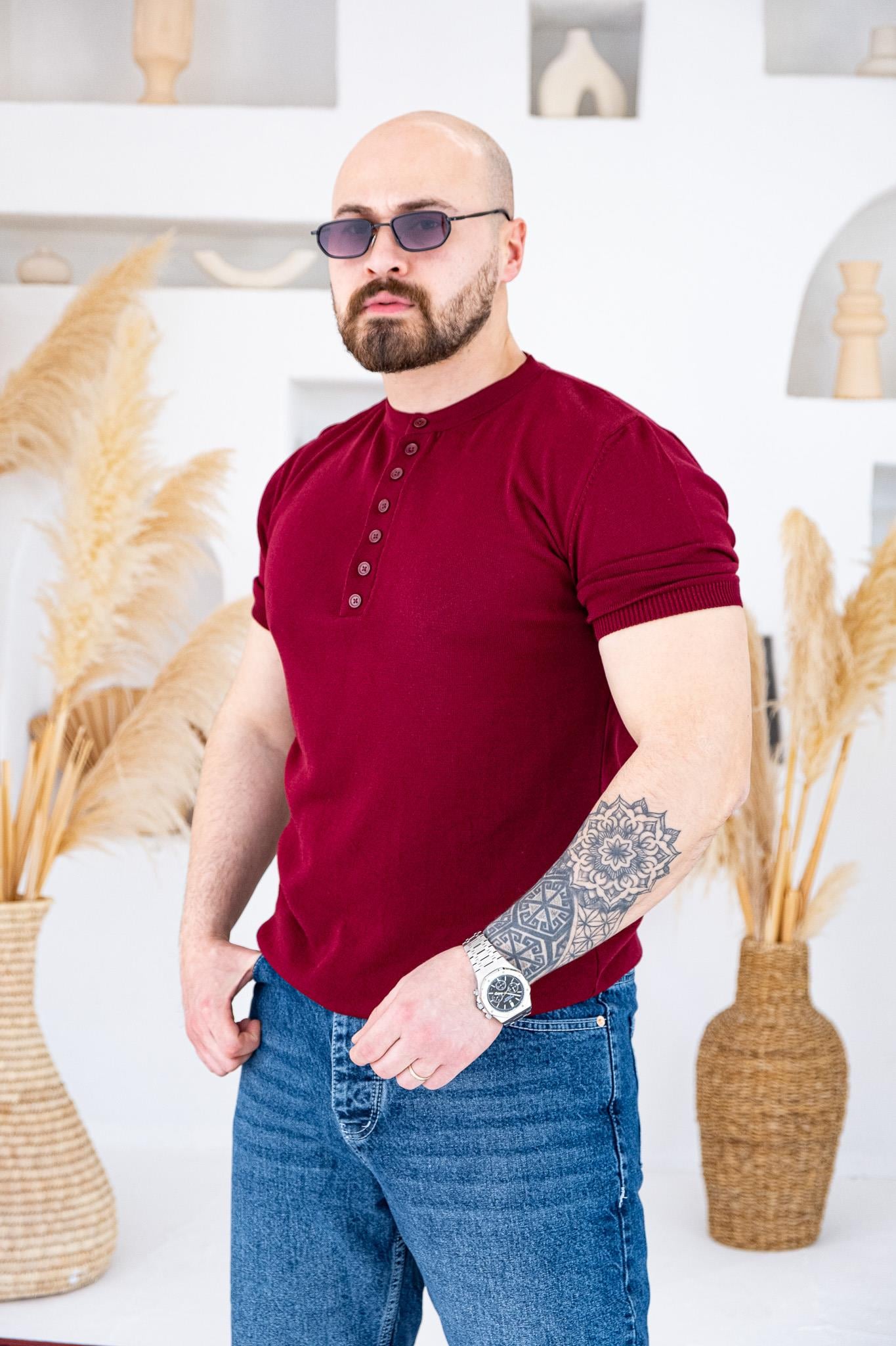 Henley Yaka İnce Örme Tasarım Triko T-shirt (TSBO74)