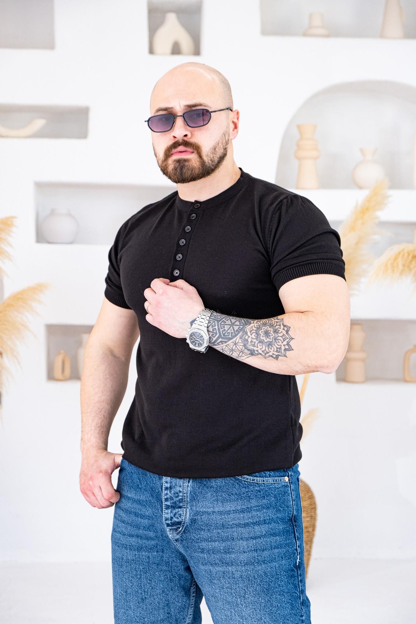 Henley Yaka İnce Örme Tasarım Triko T-shirt (TSS74)