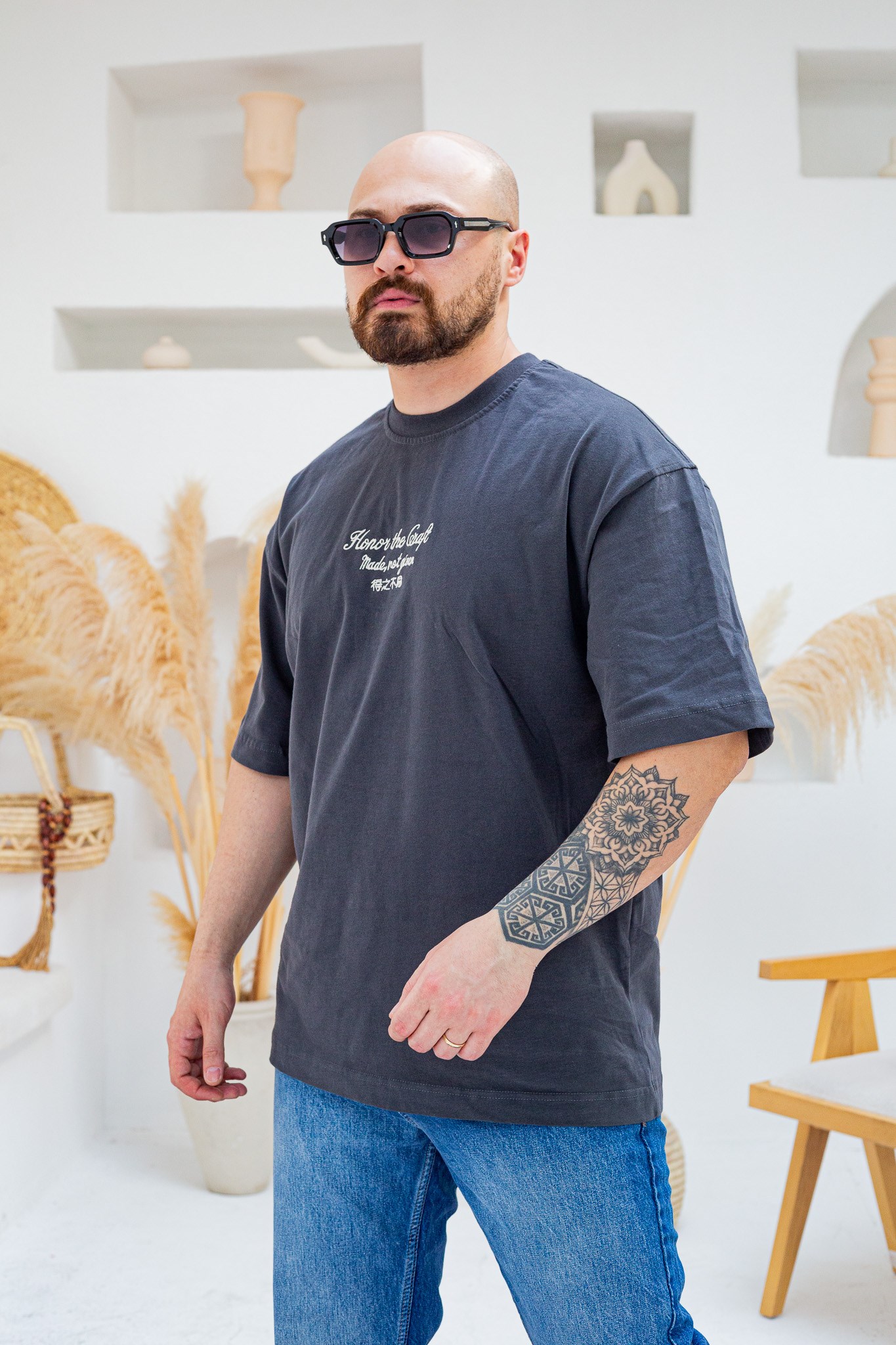 Honor The Craft Nakış Detaylı Oversize Siyah T-Shirt (TSA88)