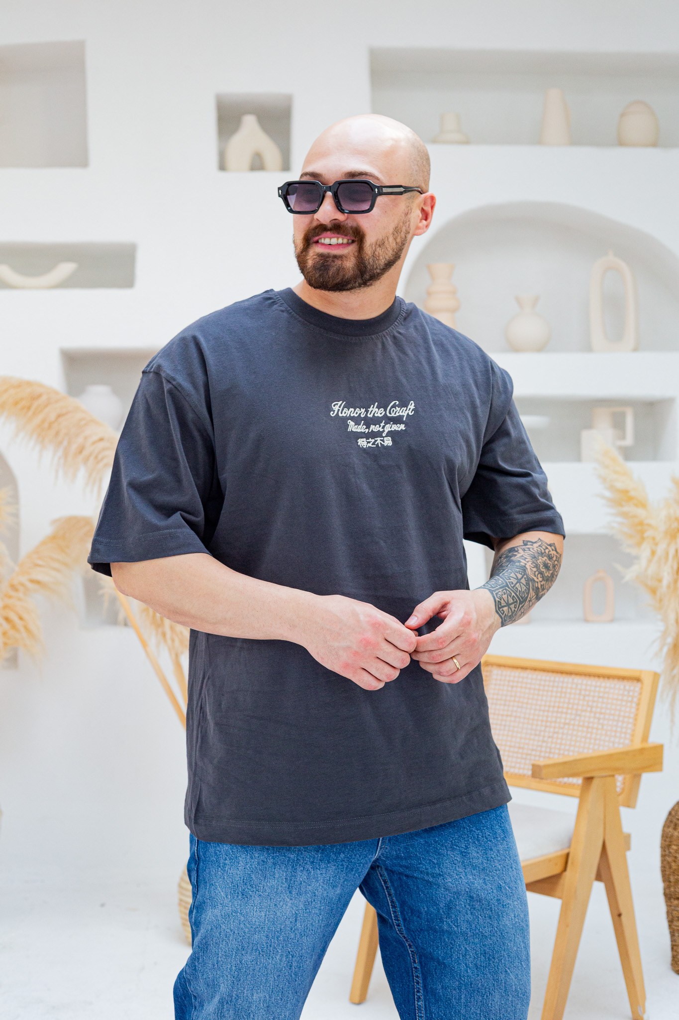Honor The Craft Nakış Detaylı Oversize Siyah T-Shirt (TSA88)