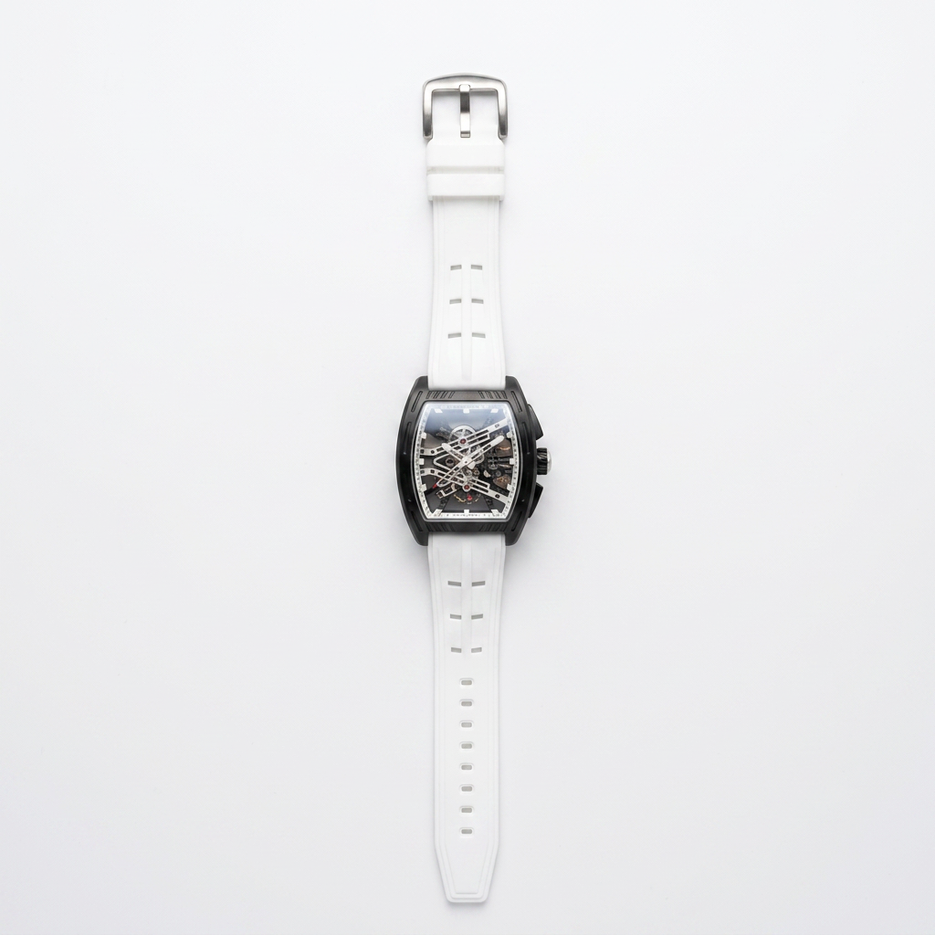 Karbon Kasa İskelet Kadran Beyaz Silikon Kordonlu Lüks Erkek Kol Saati (59)