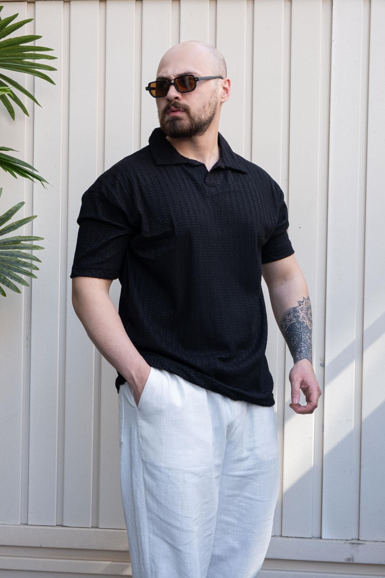 Kendinden Desenli Rahat Kalıp Polo Yaka T-Shirt (TSS32)