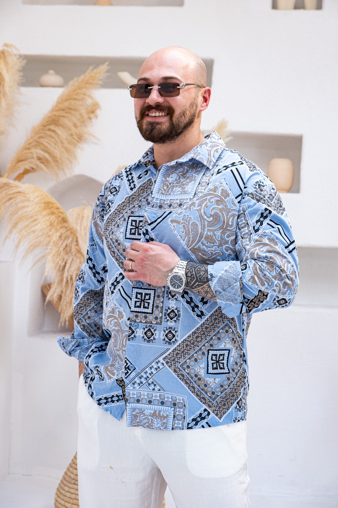 Keten Kumaş Etnik Desen Baskılı Gömlek (GMM116)