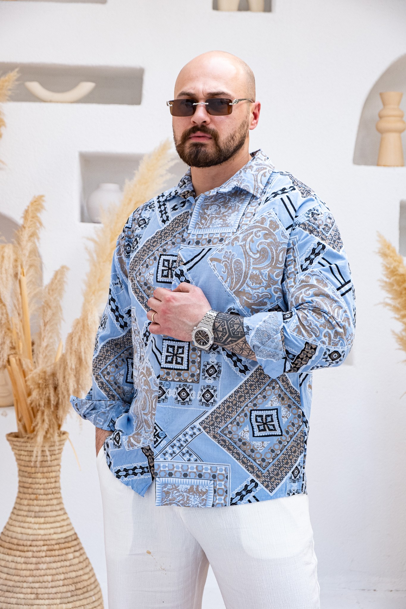 Keten Kumaş Etnik Desen Baskılı Gömlek (GMM116)