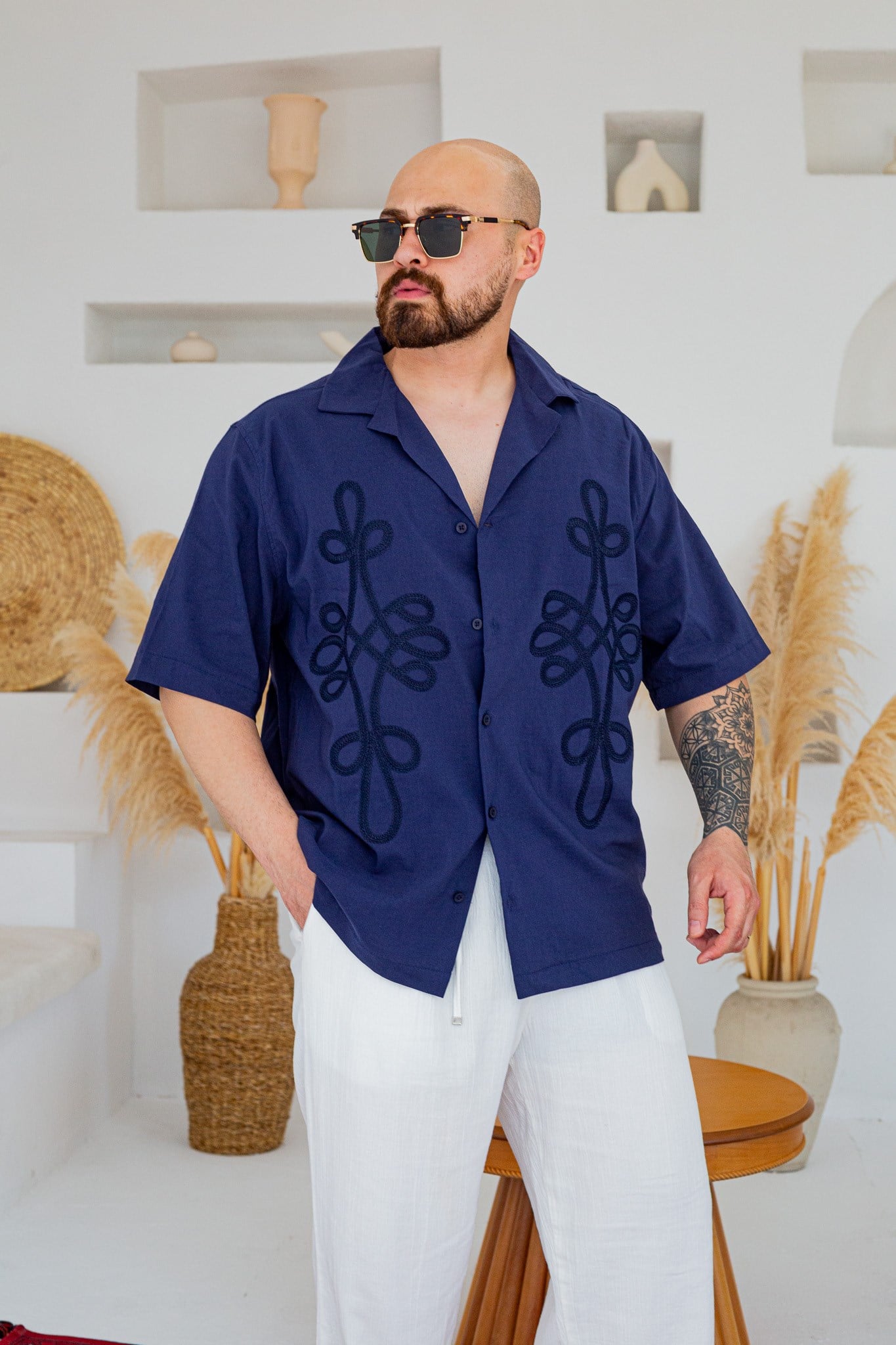 Keten Kumaş Küba Yaka Nakış İşlemeli Oversize Gömlek(GML133)