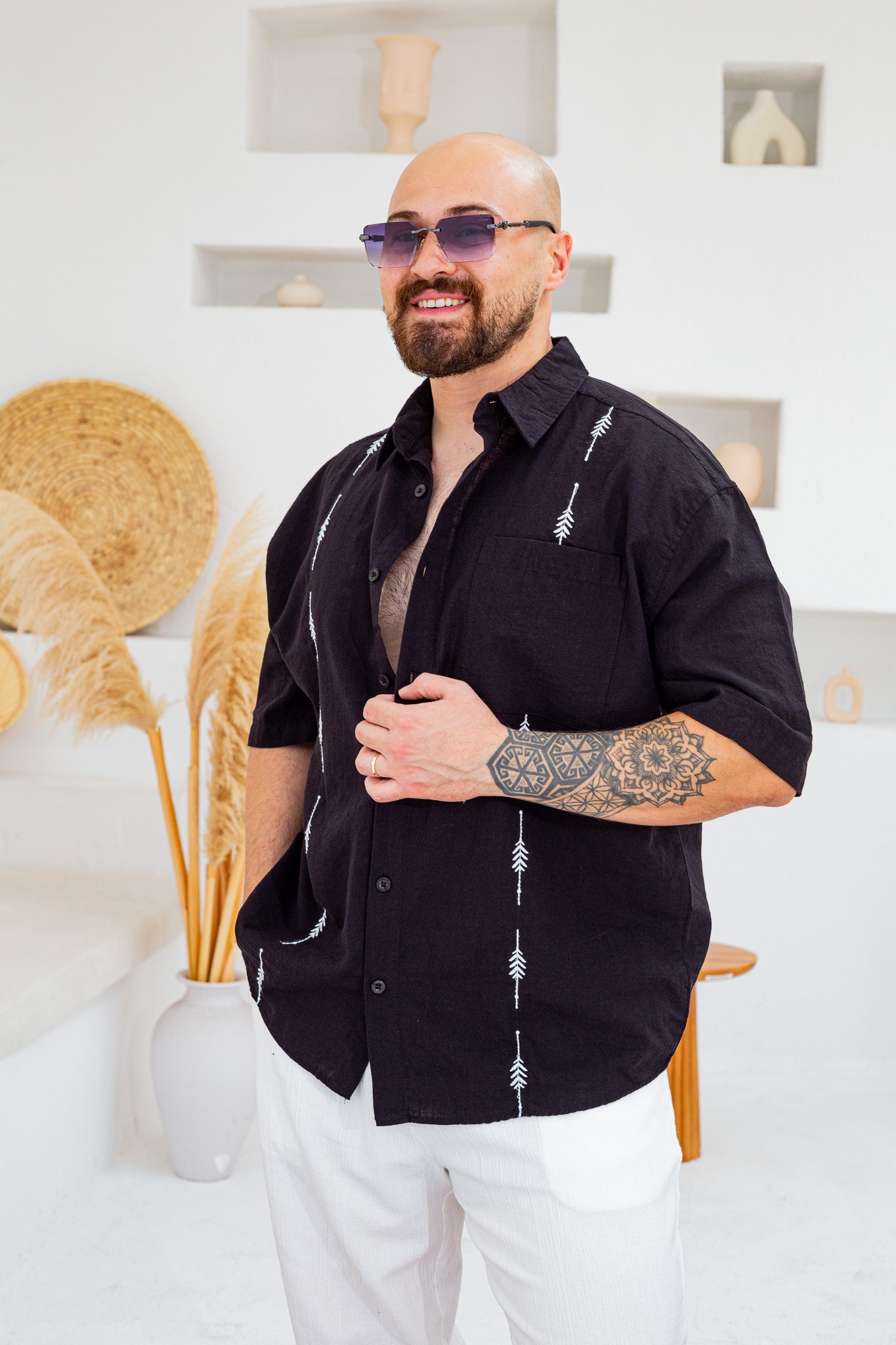 Keten Kumaş Nakış Detaylı Oversize Gömlek (GMS137)