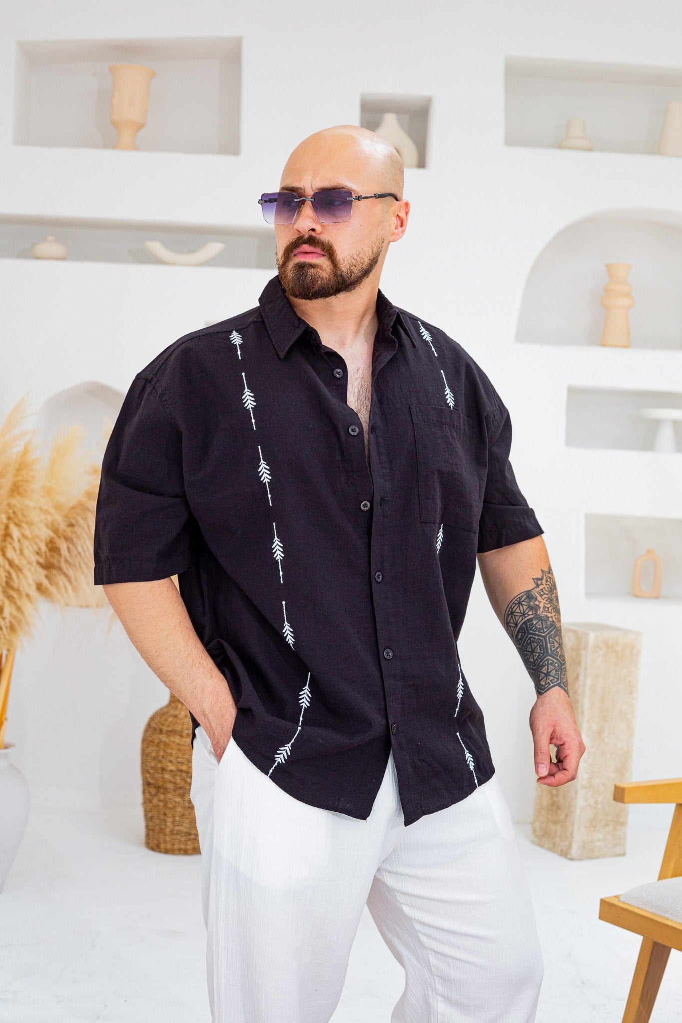 Keten Kumaş Nakış Detaylı Oversize Gömlek (GMS137)