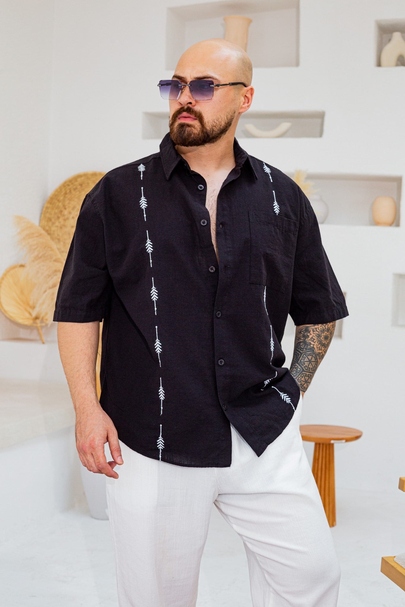 Keten Kumaş Nakış Detaylı Oversize Gömlek (GMS137)