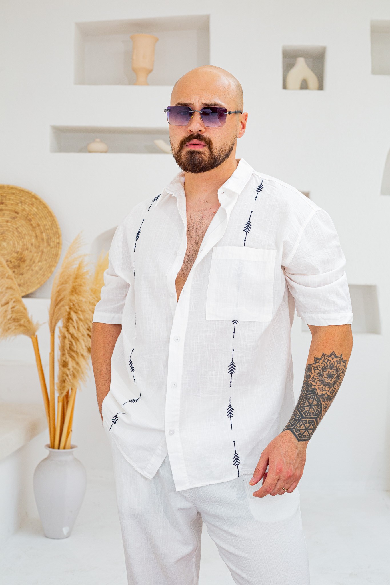 Keten Kumaş Nakış Detaylı Oversize Gömlek (GMB137)