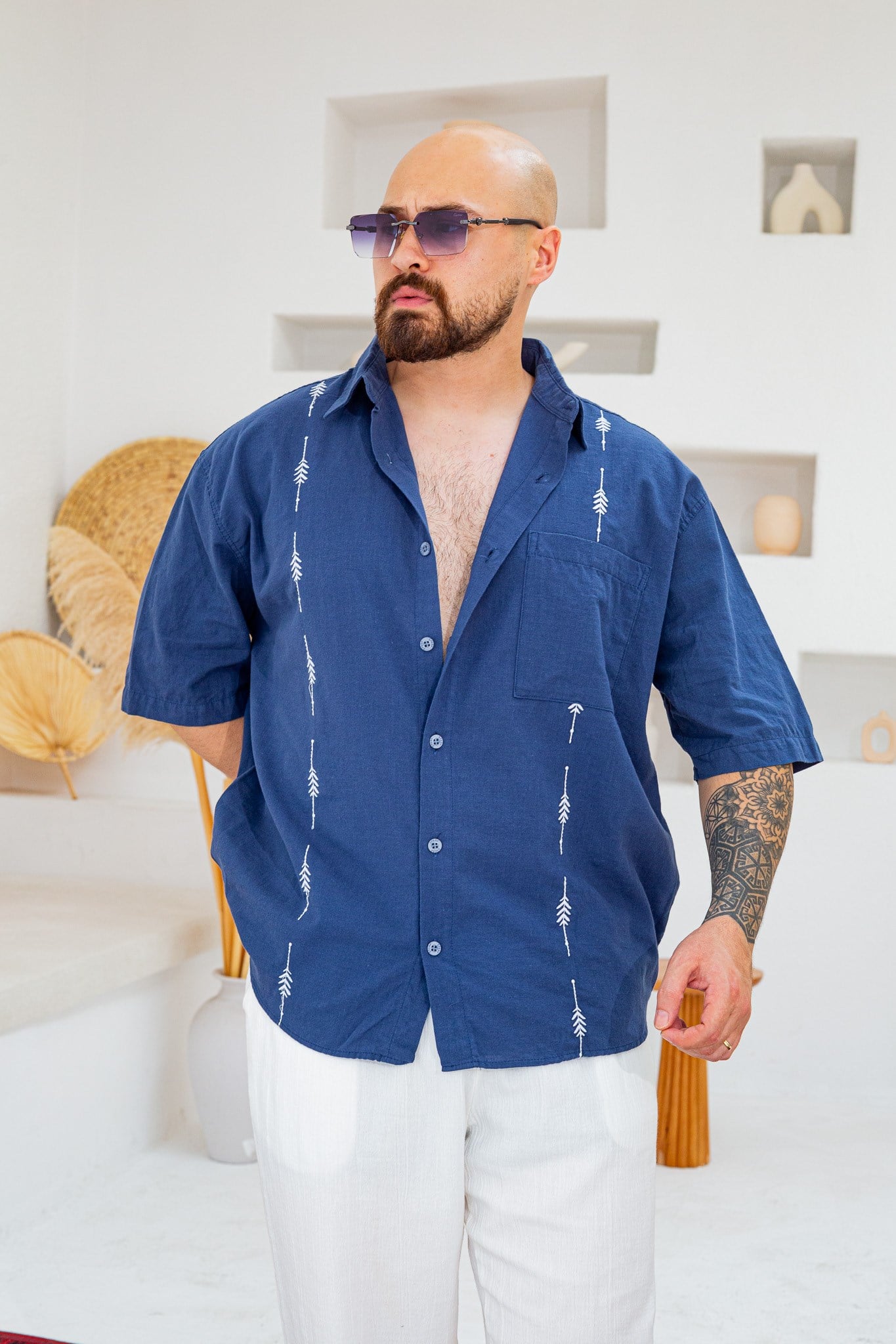 Keten Kumaş Nakış Detaylı Oversize Gömlek (GMM137)