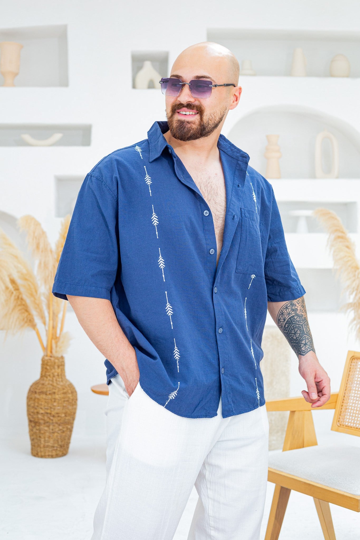 Keten Kumaş Nakış Detaylı Oversize Gömlek (GMM137)