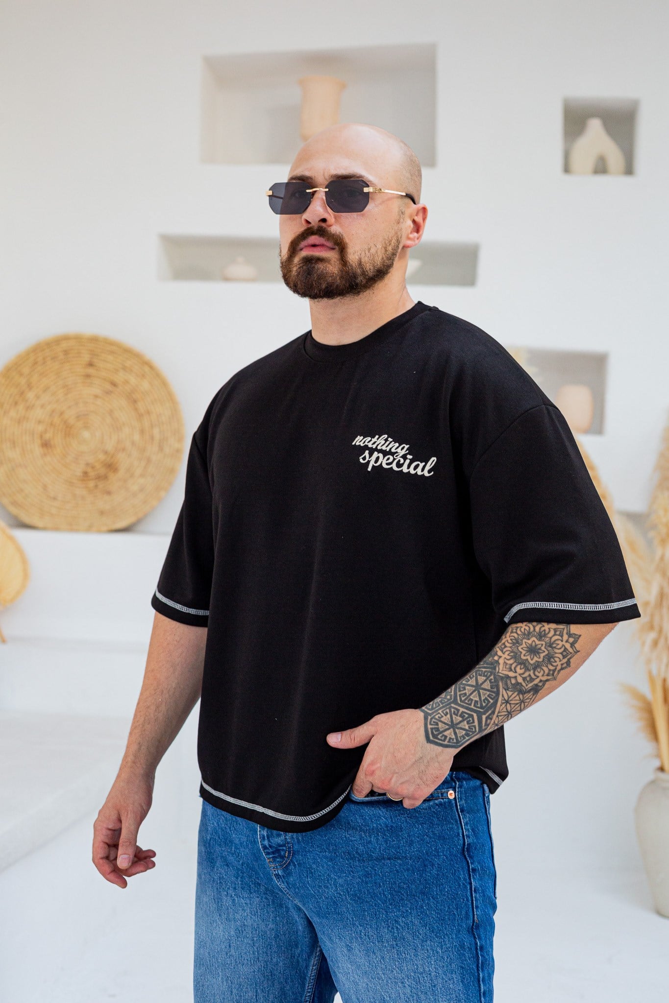 Kontrast Dikiş Detaylı Oysho Kumaş Nakışlı Oversize T-Shirt (TSS102)