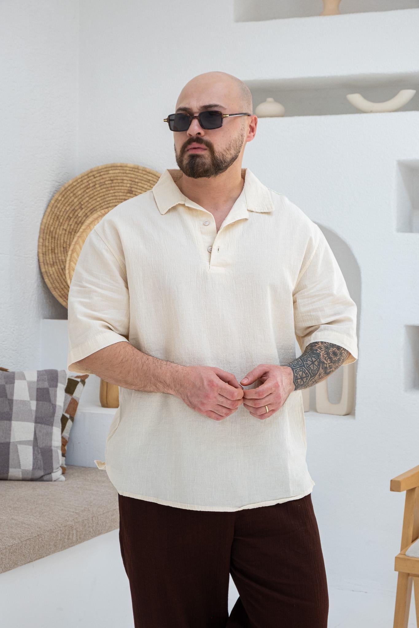 Krinkıl Kumaş Rahat Kalıp Polo Yaka T-Shirt (TSK42)