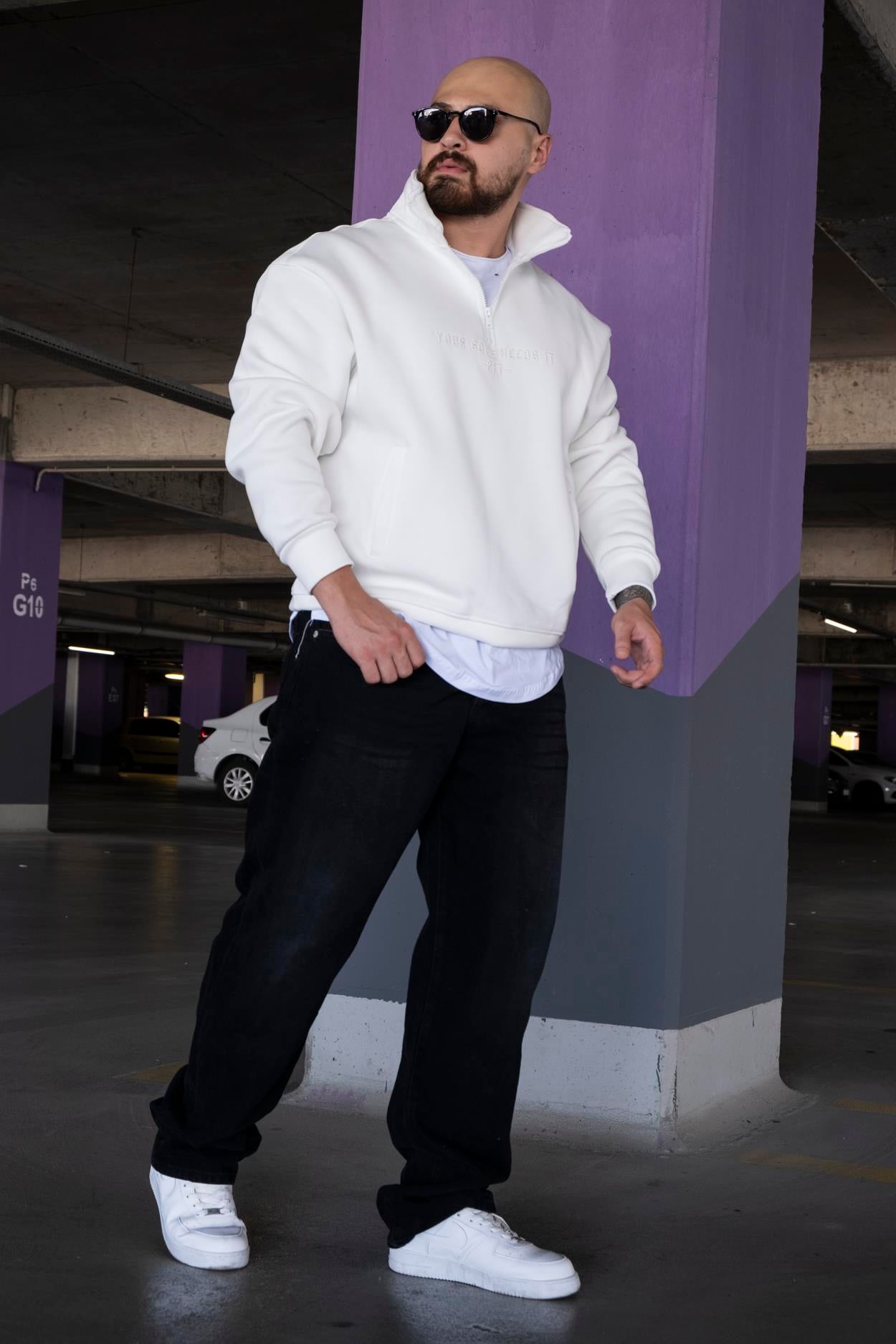 Nakış Detaylı Yarım Fermuarlı Rahat Kalıp Sweatshirt (SVTB11)