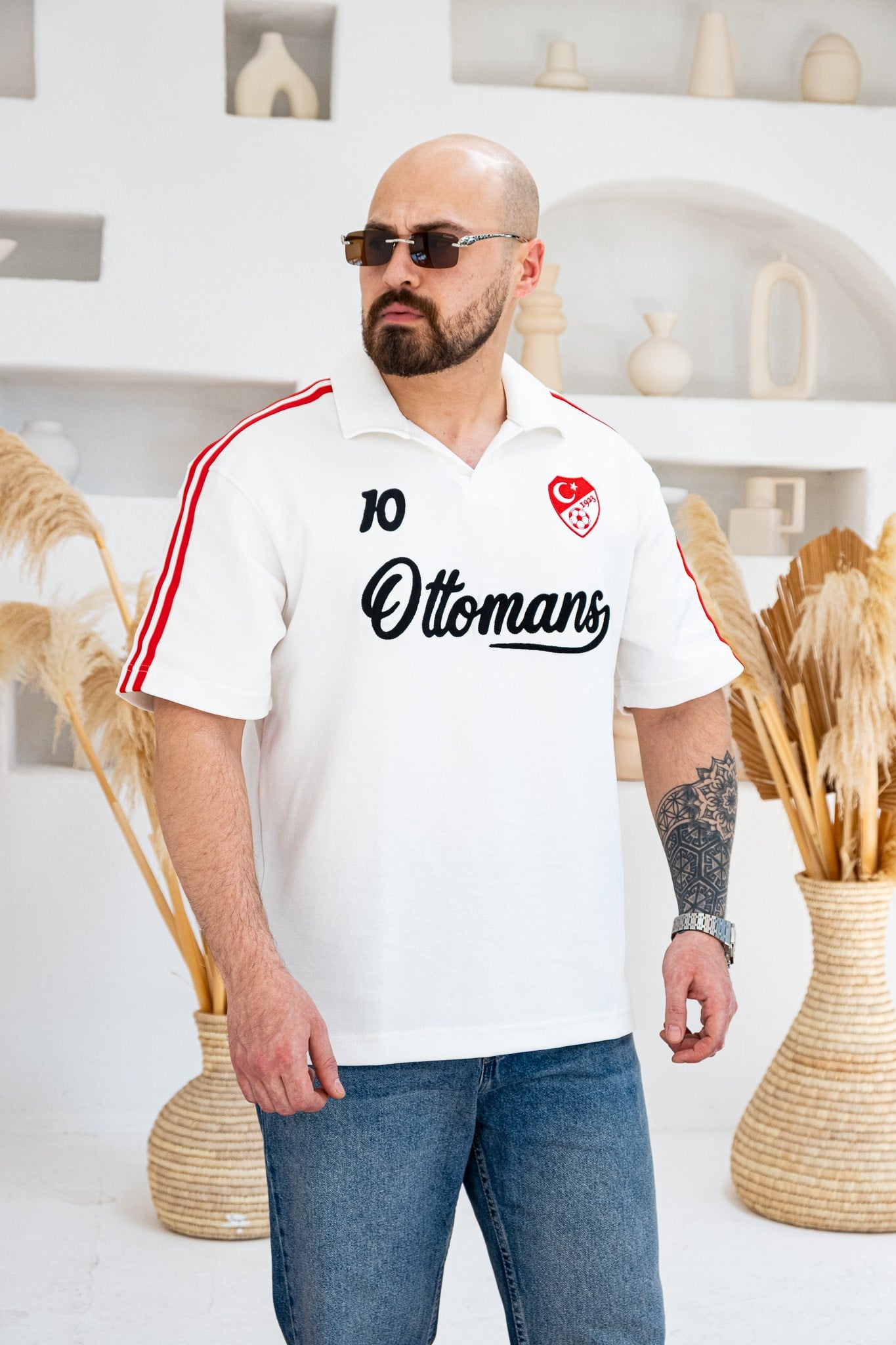 Ottomans Nakış Detaylı Retro Polo Yaka Oversize T-Shirt (TSB77)