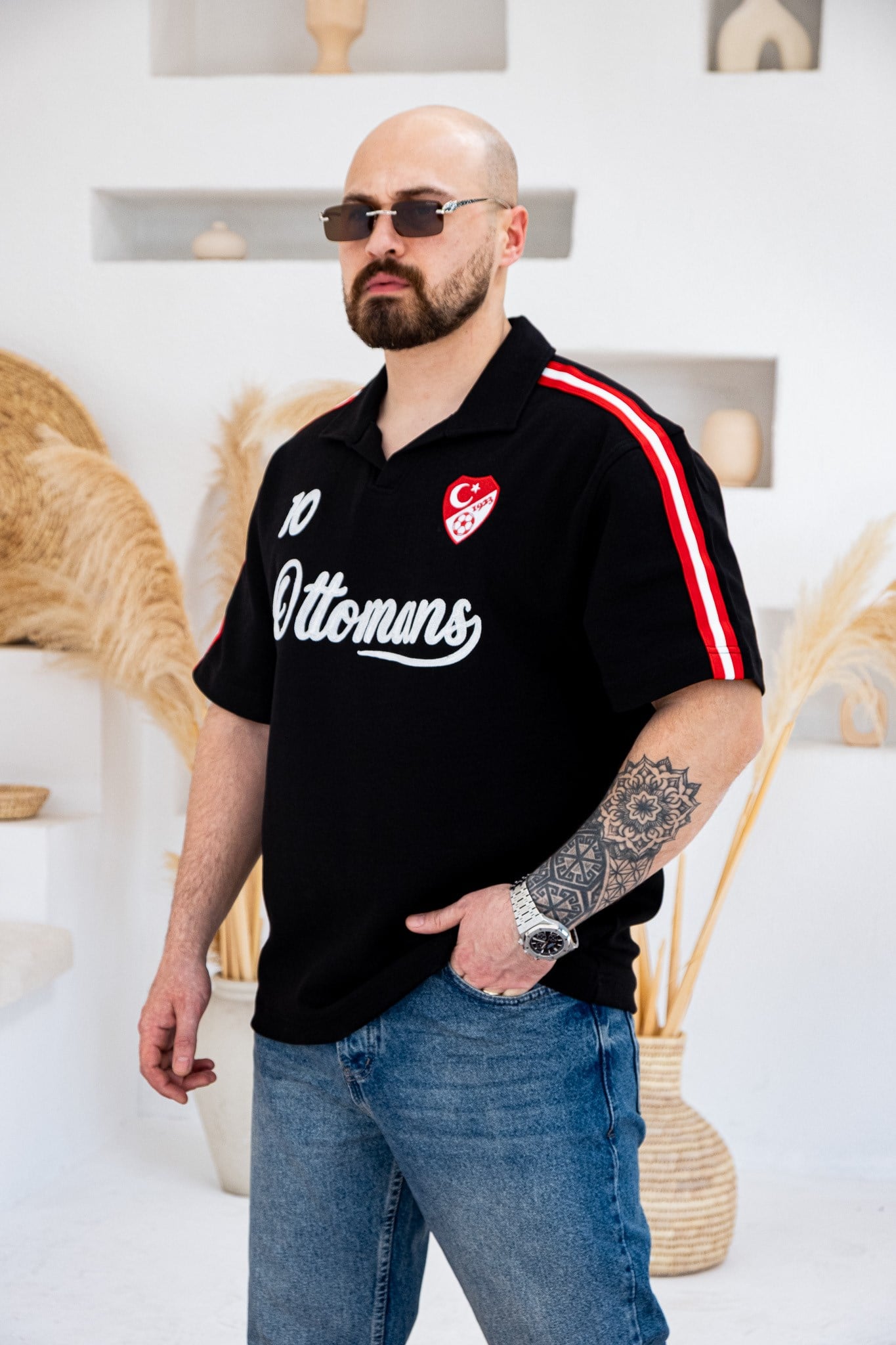Ottomans Nakış Detaylı Retro Polo Yaka Oversize T-Shirt (TSS77)