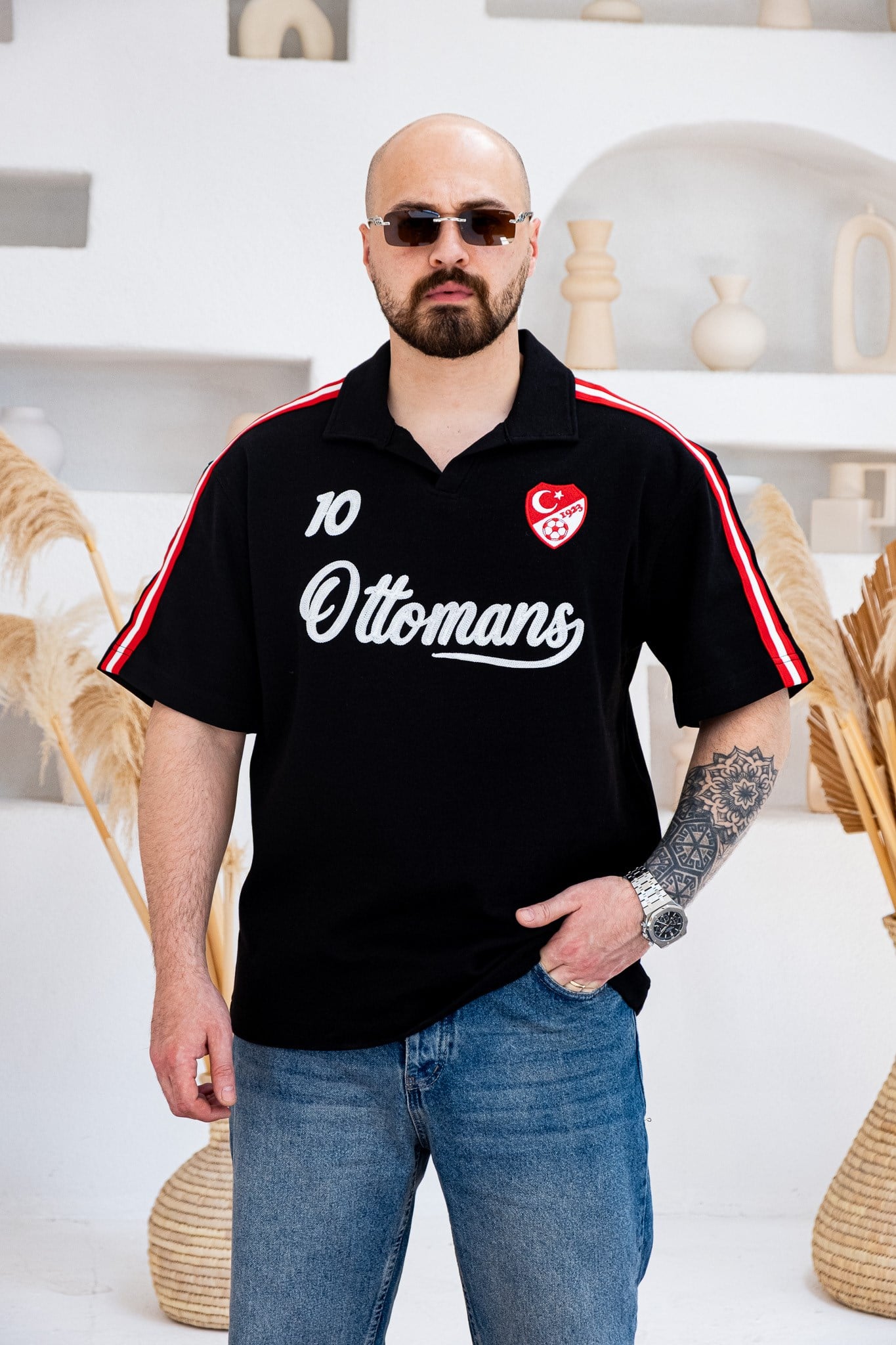 Ottomans Nakış Detaylı Retro Polo Yaka Oversize T-Shirt (TSS77)