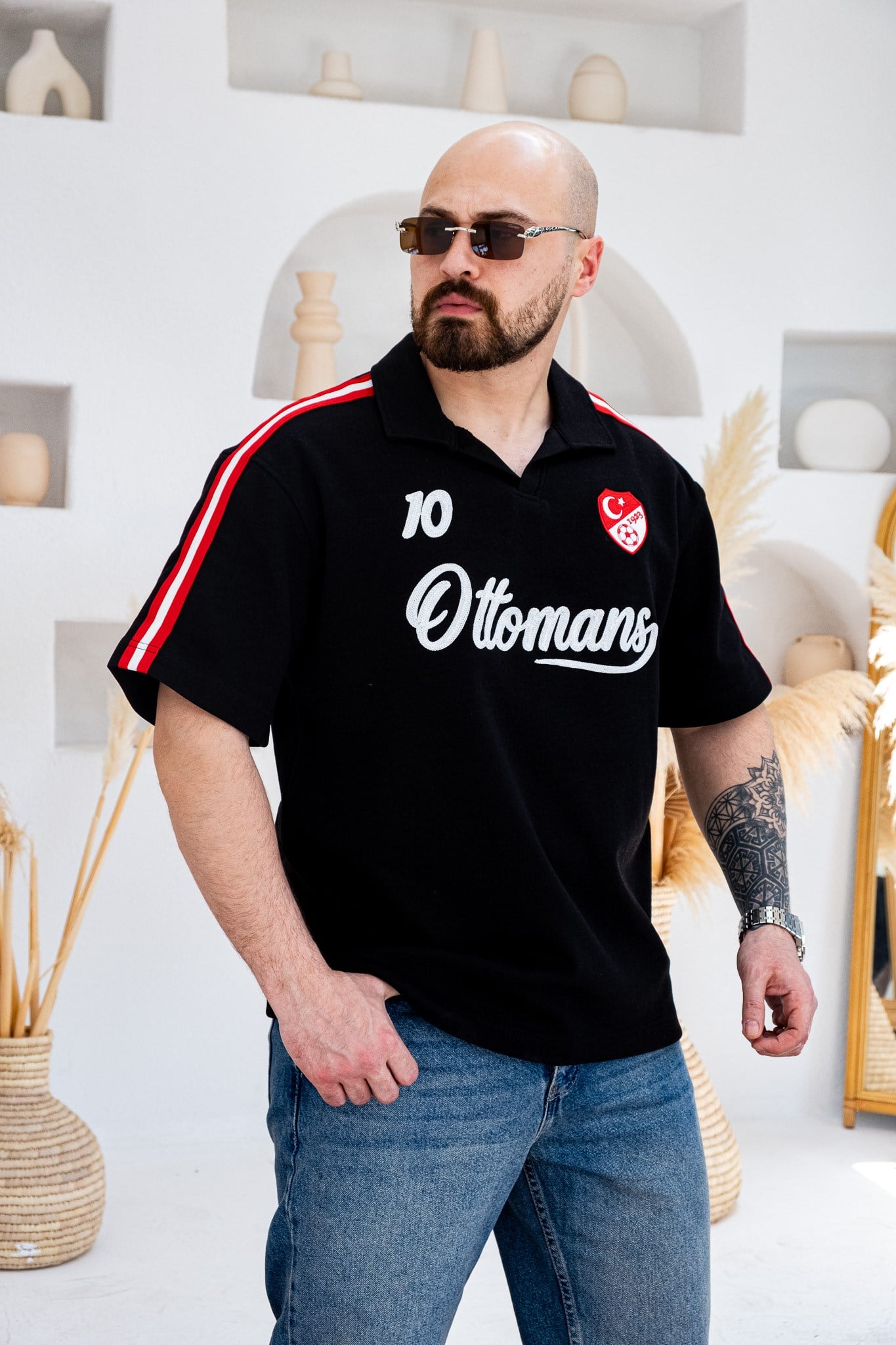 Ottomans Nakış Detaylı Retro Polo Yaka Oversize T-Shirt (TSS77)