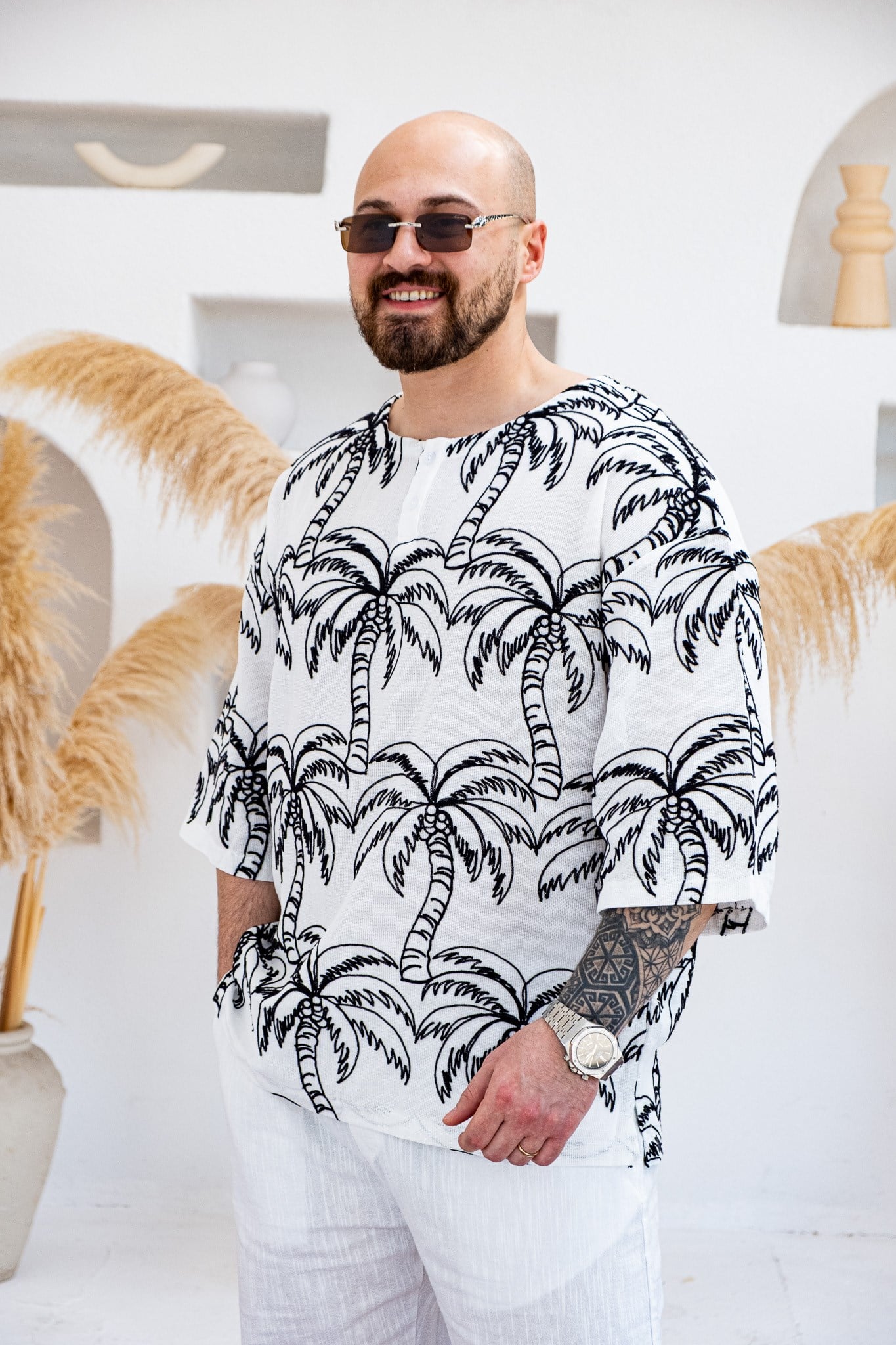 Palmiye Nakışlı Keten Kumaş Oversize Yarım Patlı T-Shirt (TSB82)
