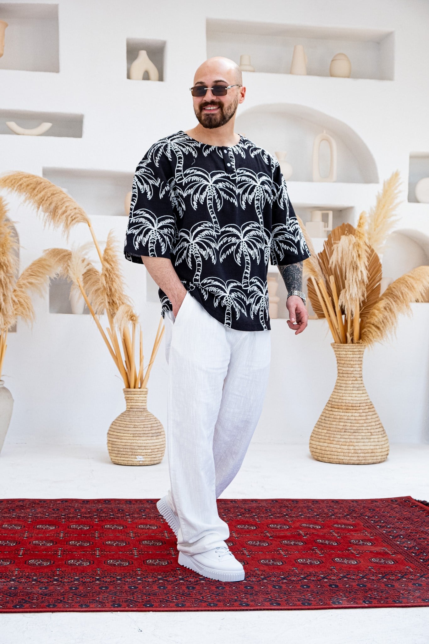 Palmiye Nakışlı Keten Kumaş Oversize Yarım Patlı T-Shirt (TSS82)