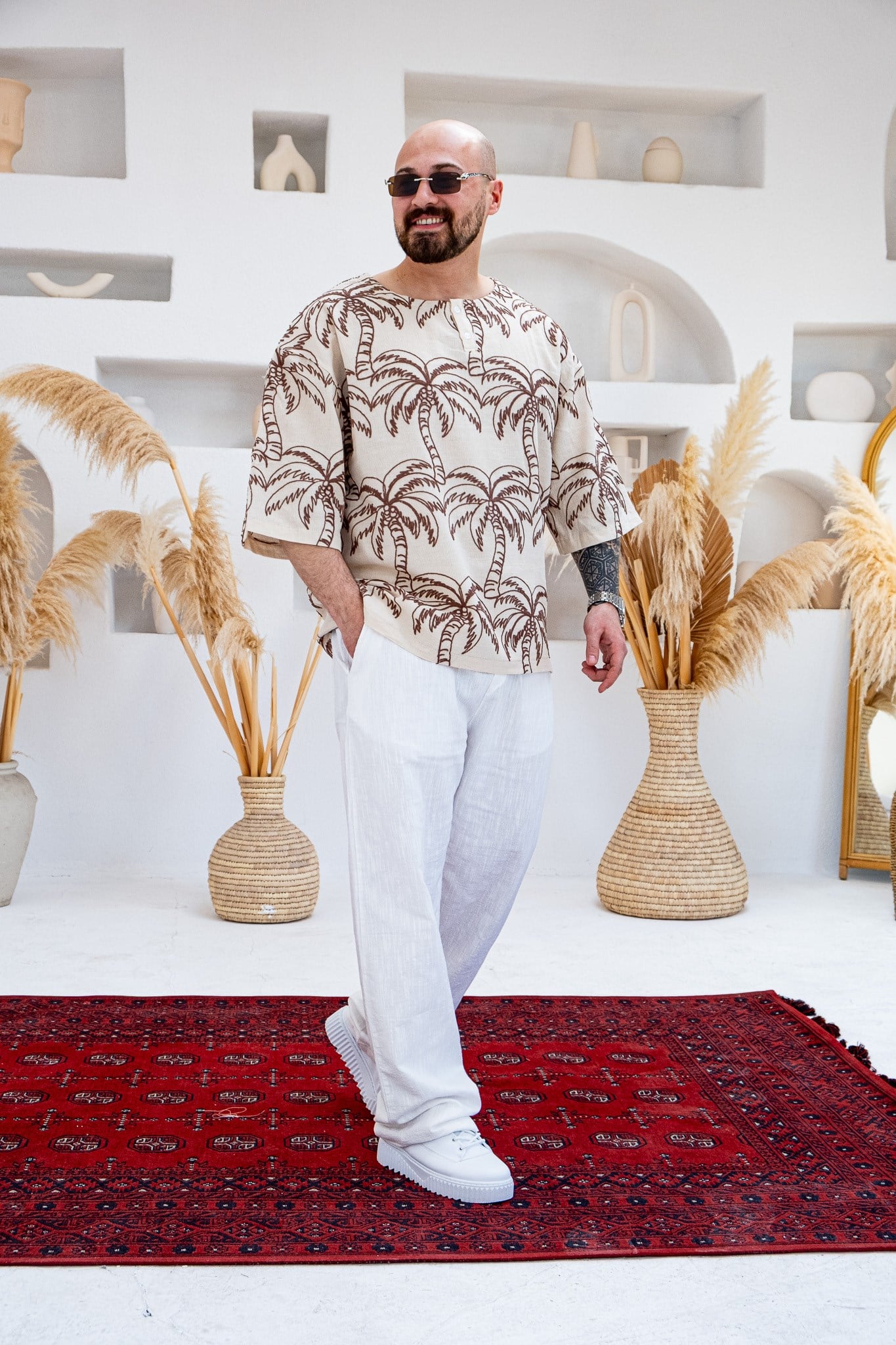 Palmiye Nakışlı Keten Kumaş Oversize Yarım Patlı T-Shirt (TSK82)