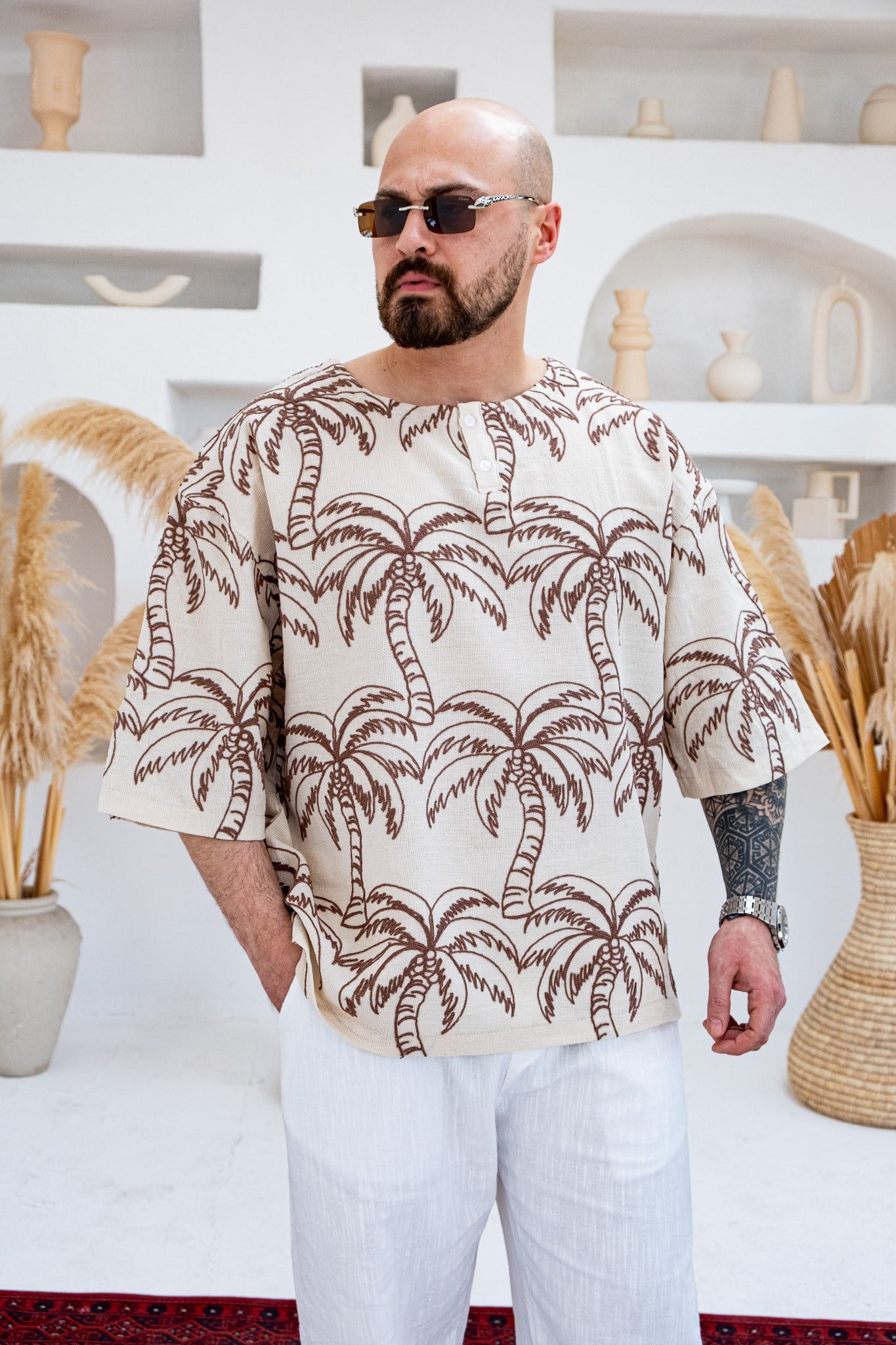 Palmiye Nakışlı Keten Kumaş Oversize Yarım Patlı T-Shirt (TSK82)