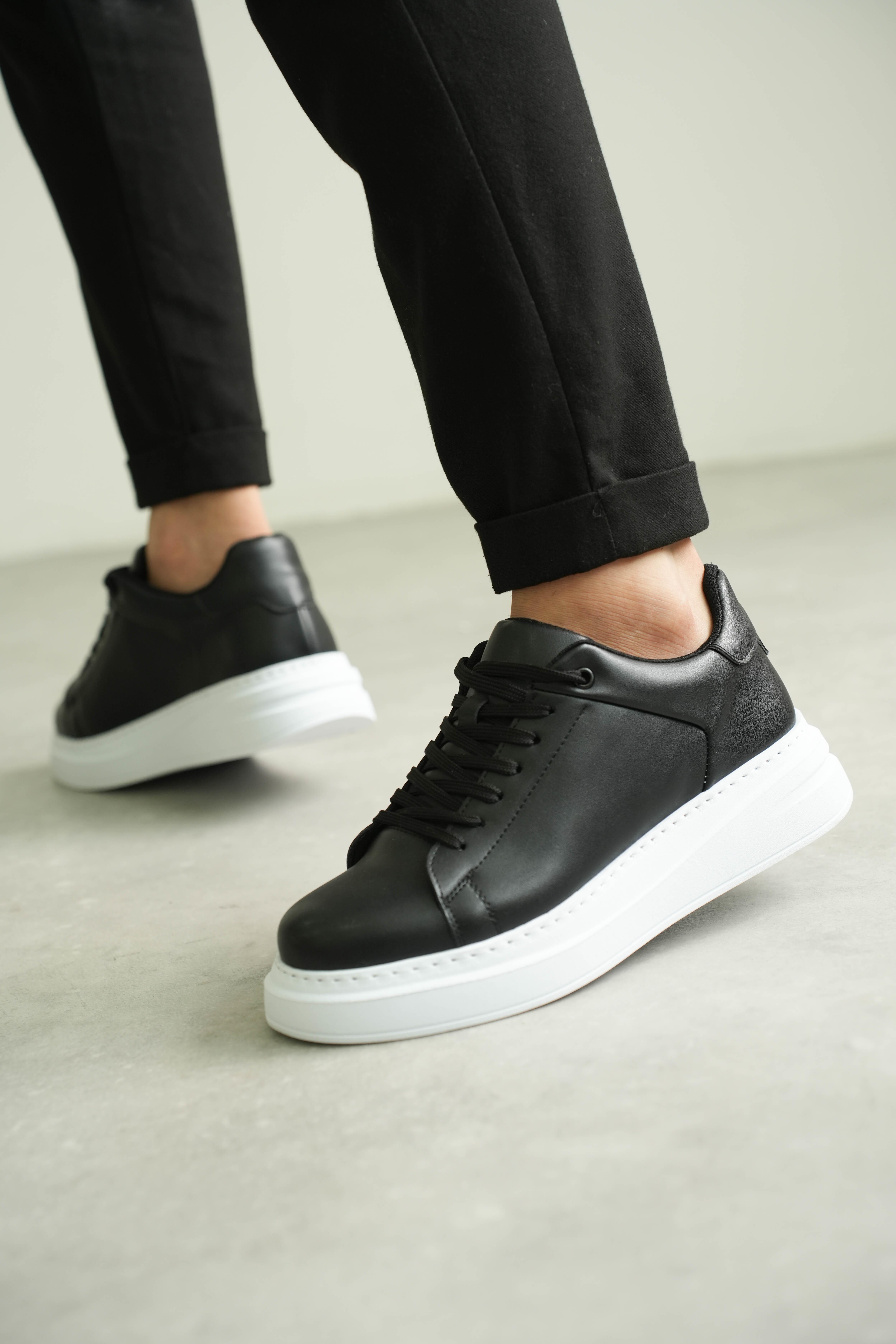 Siyah Kalın Taban Deri Erkek Sneaker (AYKS05)