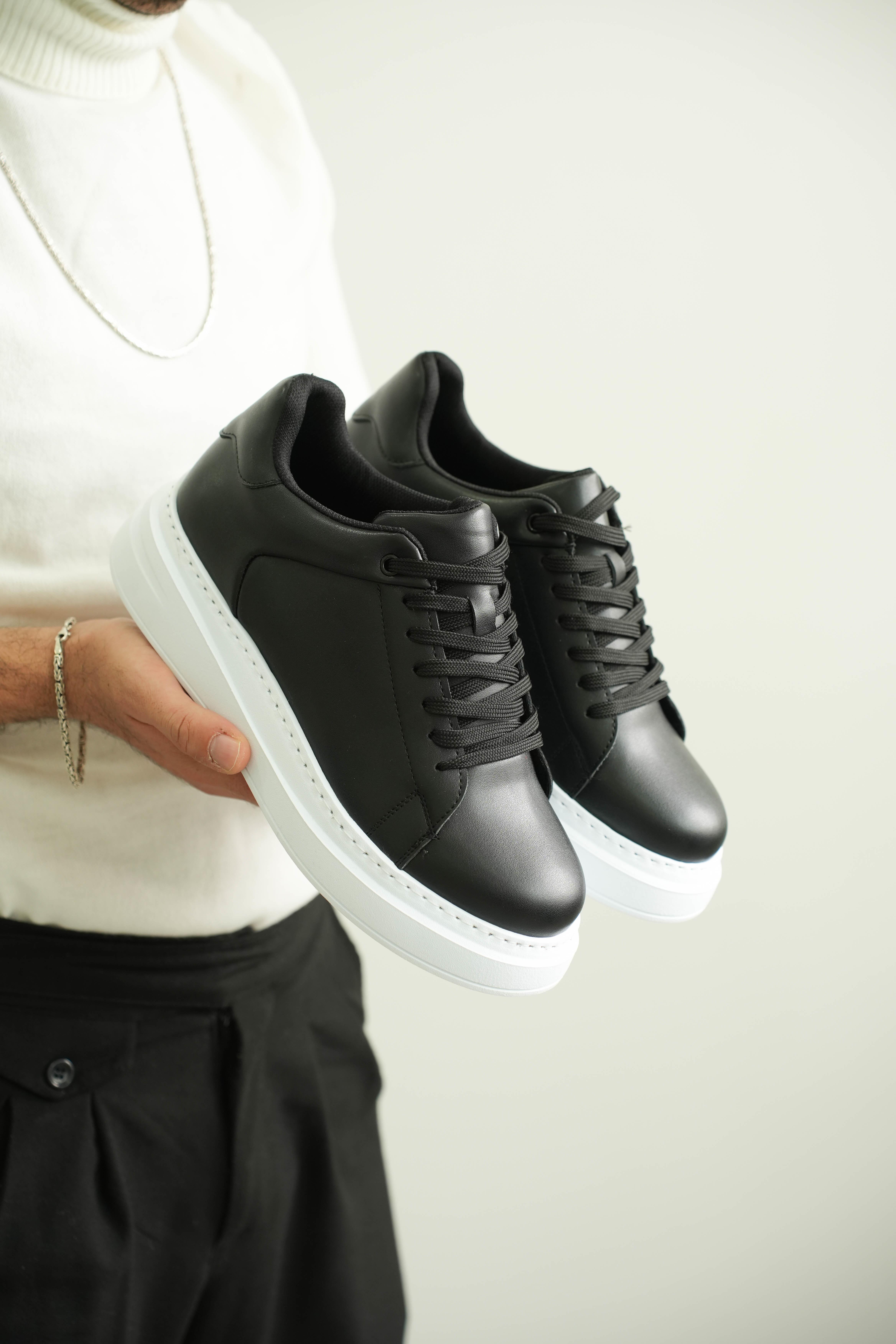 Siyah Kalın Taban Deri Erkek Sneaker (AYKS05)
