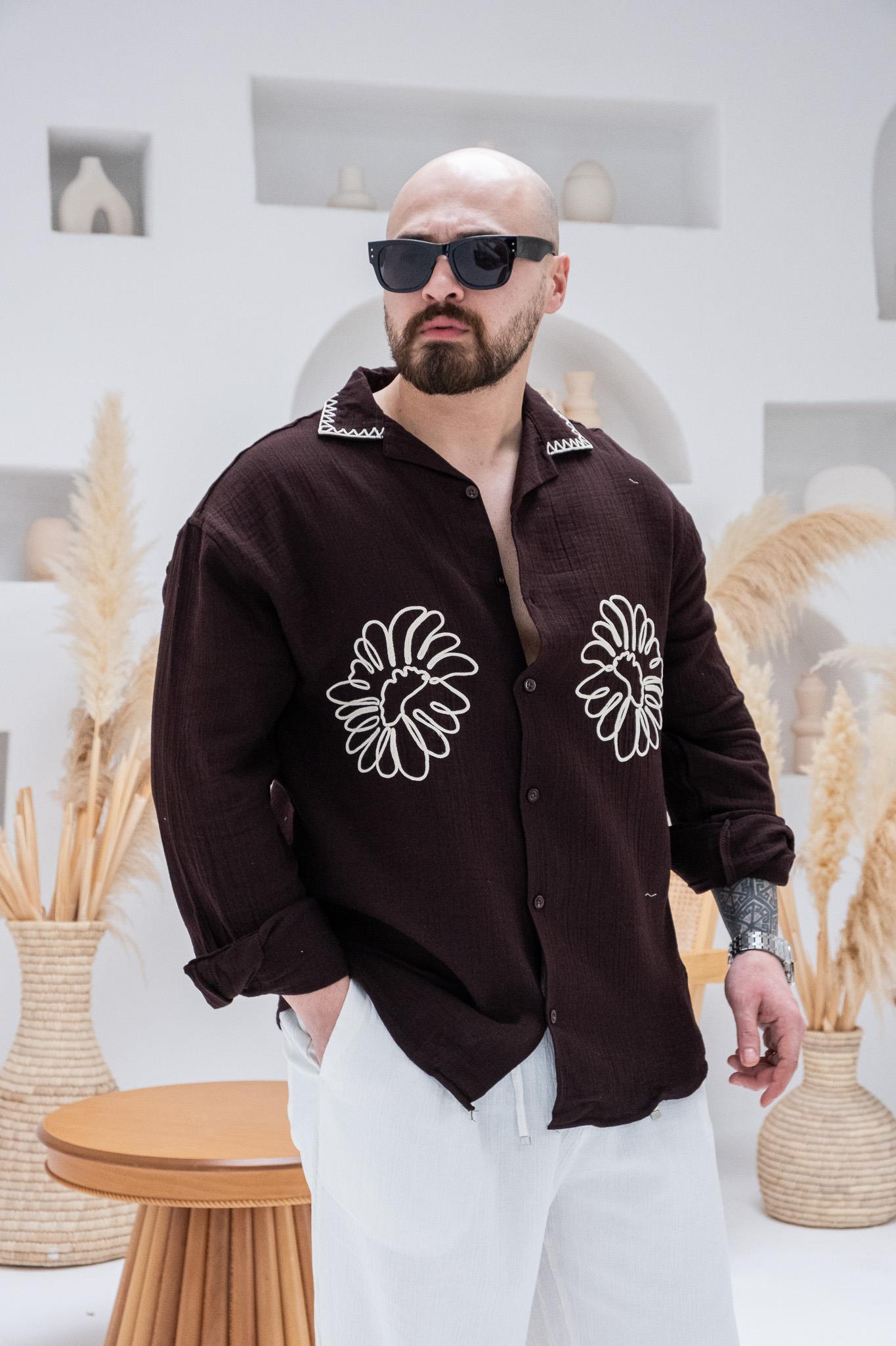Yaka Ve Çiçek Nakışlı Rahat Kalıp Gömlek (GMKA90)